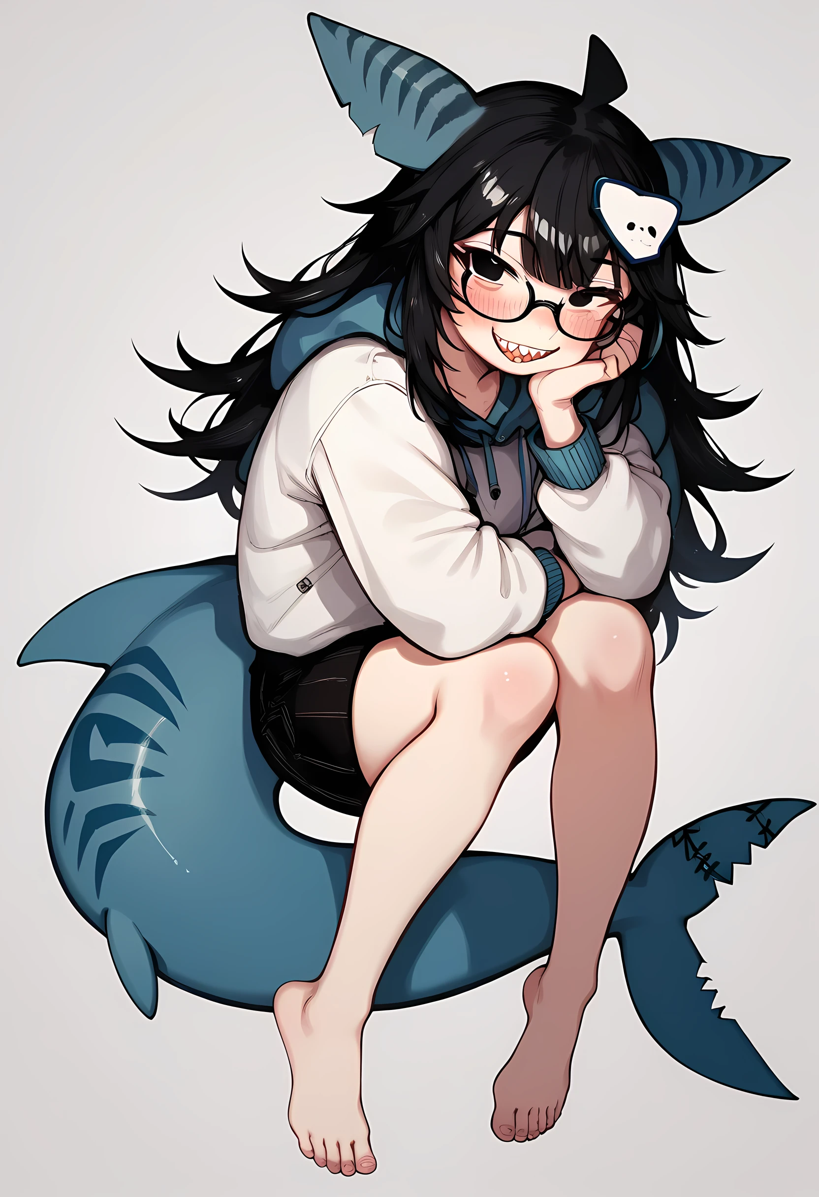 1girl, solo, shark girl, long hair, black hair, white skin, black eyes, wearing glasses, smiling, shark ears, shark tail, full body, blush, mouth open, blue and black pattern on tails and ears, blush, smiling, blue and black pattern on ears and tail, cute, hololive character 