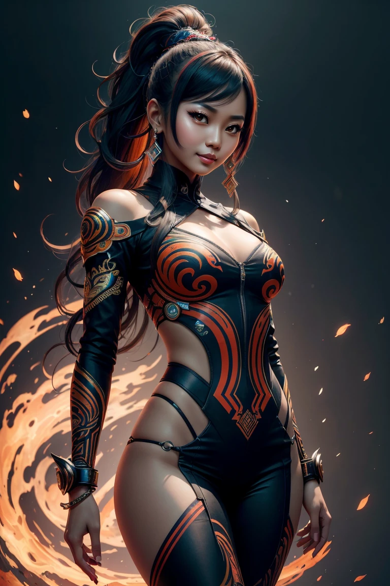 A digital artwork of a female figure. She is adorned with intricate patterns of lines and curves, predominantly in shades of orange and black. The patterns envelop her entire body, creating a mesmerizing visual effect. Her hair is styled in a wavy manner, and her eyes are accentuated with a glowing orange hue. The background is dark, which further emphasizes the vibrant colors of the figure. The bottom right corner of the image contains the text 'Amor'.  A striking digital artwork featuring a female figure enveloped in intricate patterns of lines and curves, predominantly in shades of orange and black. The patterns create a mesmerizing visual effect, covering her entire body, and her hair is styled in a wavy, ethereal manner. Her eyes are accentuated with a glowing orange hue, giving a captivating gaze. The background is dark, contrasting with the vibrant colors of the figure. The bottom right corner of the image displays the text 'Amor', adding a touch of mystery to the overall composition.