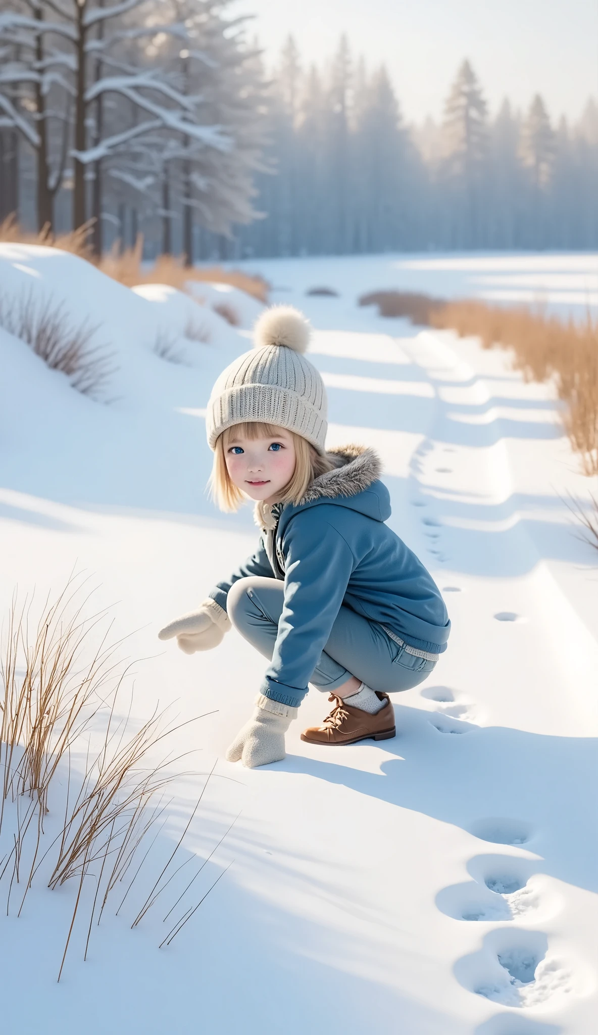  snowy fields 、Footpath、(((Fox footprints 、非常に正確なFox footprints :1.37)))、 girl or look at footprints、 cute girl、Knitted hat、gloves