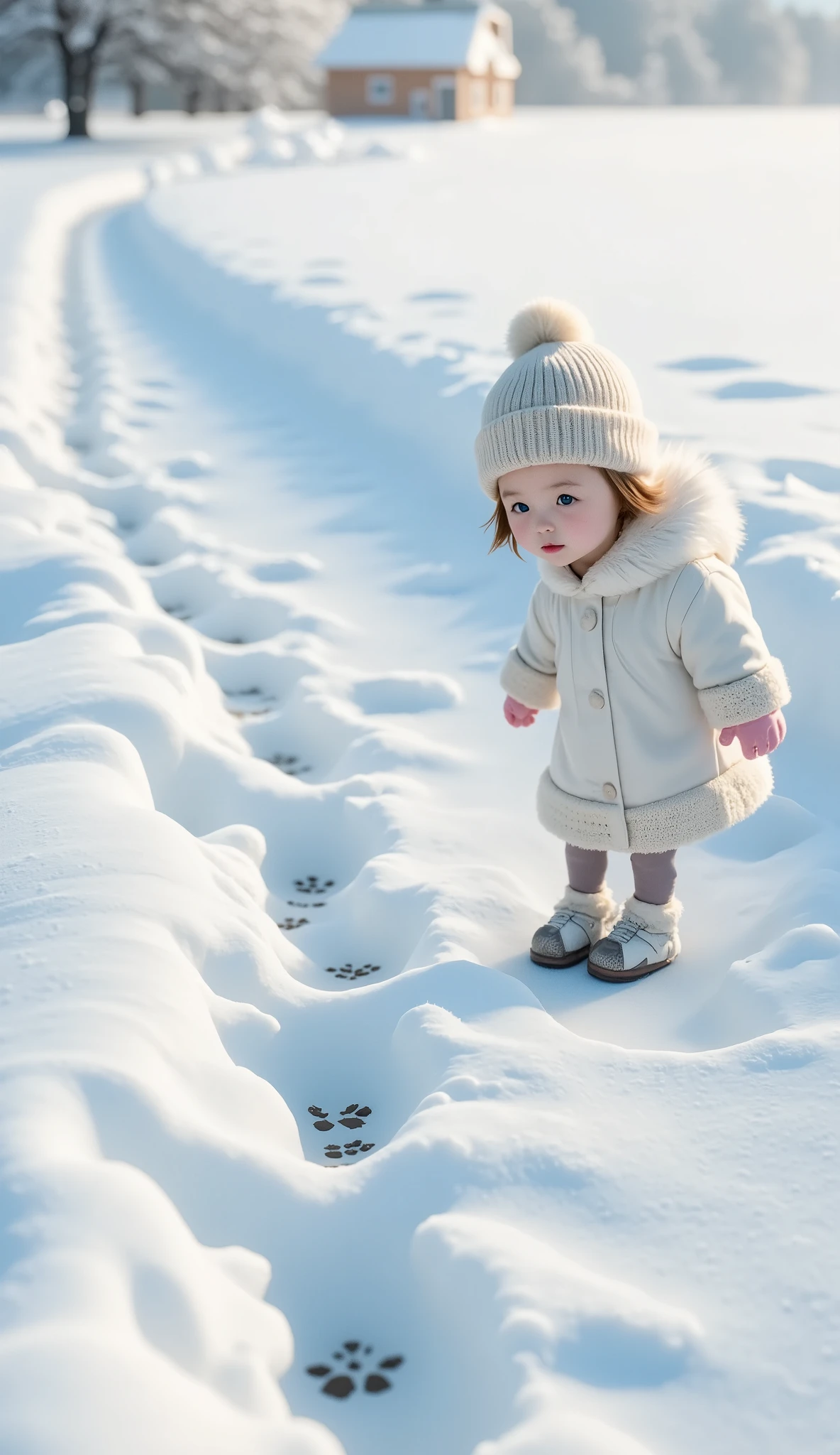  snowy fields 、Footpath、(((Fox footprints 、非常に正確なFox footprints :1.37)))、 girl or look at footprints、 cute girl、Knitted hat、gloves