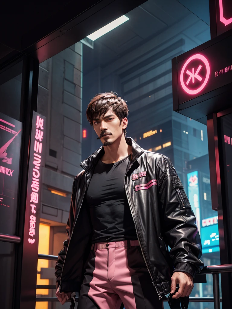 Tall man, strong body,  double sided fringe,  brown hair ,  dark eyes, pink jacket, black t-shirt, Cyberpunk style black pants,  cyberpunk clothes,  High Definition, Image 8k, Cyberpunk accessories, sharpness on the face, moustache and chin ,  short hair,  full body , tasty,  strong man, Asian style 