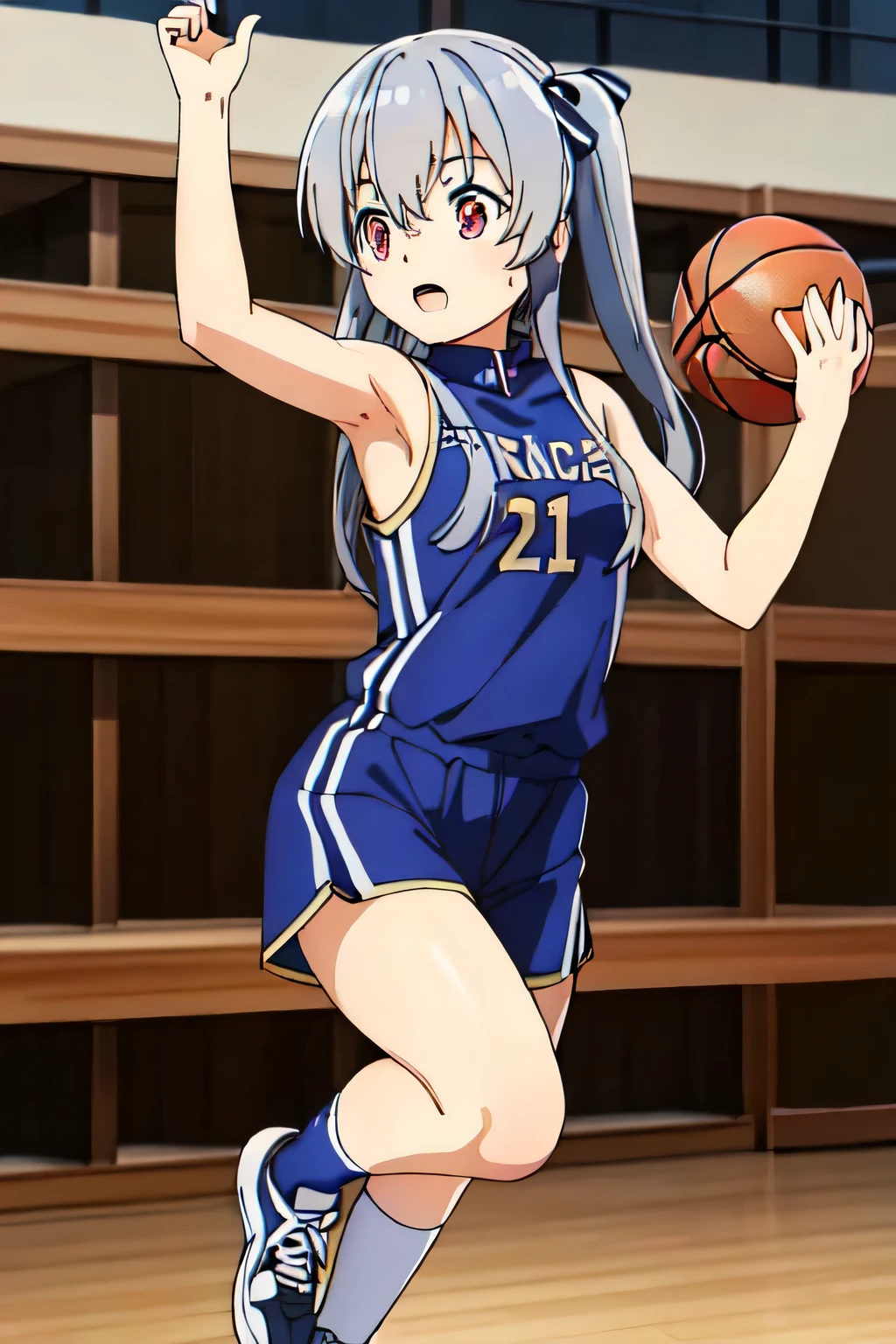 A young female basketball player performing a vivid jump shot. She holds the ball firmly in both hands, aiming for the goal with perfect form. Her slim basketball uniform accentuates her toned body, and black high socks add a stylish contrast. Her carefully braided blonde hair sways gently as she jumps, with pink eyes expressing intense concentration. The polished wooden floor of the brightly lit gymnasium enhances the atmosphere, capturing the strength, elegance, and beauty of the sport.