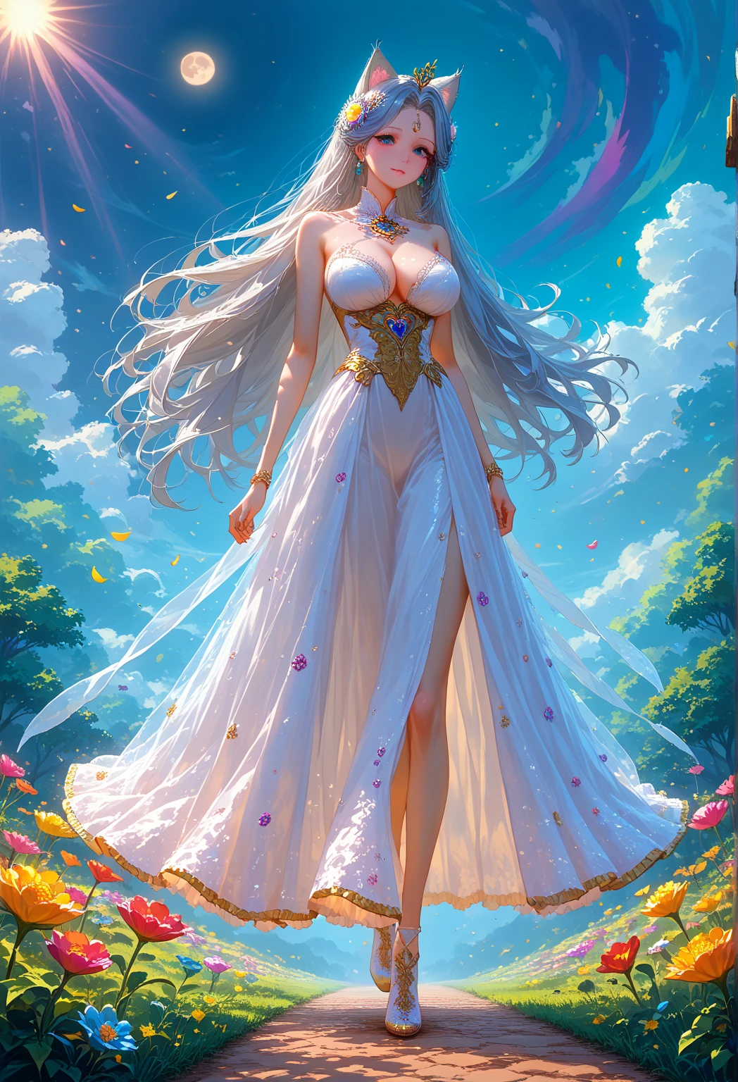  One Pf-style anime girl , kitsune，  sexy, Big Breasts, Charming,  long very gray hair ,  trendy with beautiful designs One outfit ,  has hair shining like gold powder,  so pretty,  facing the audience ,  leaning against a wooden gate , background:  Colorful Flower Fields , Fairytale Wind Swirls in the background, Clear depiction of details,  bright color,  moon&#39; The rays are shining ,  clouds are flowing across the sky ,  the picture comes to life ,  A small animal squirrel is running , Perfect depiction of details ,   Masterpiece  ,  Maximum Details ,  huge scale painting , score_9,  score_8_up, score_7_up,   Masterpiece  ,  top quality,   Perfect Anatomy , very aesthetic,  official art, 8k,