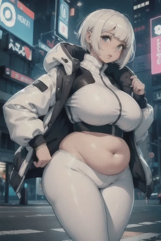 ((very fat girl)), zombie, albino, open mouth, drooling, extremely short hair, white hair, red eyes, ((very torn clothes)), wet, dirty, apocalyptic street, colossal breasts, round belly, thick legs , saggy belly, saggy boobs, long legs, night, neon lights, tight clothes, nfsw, running, white swimsuit