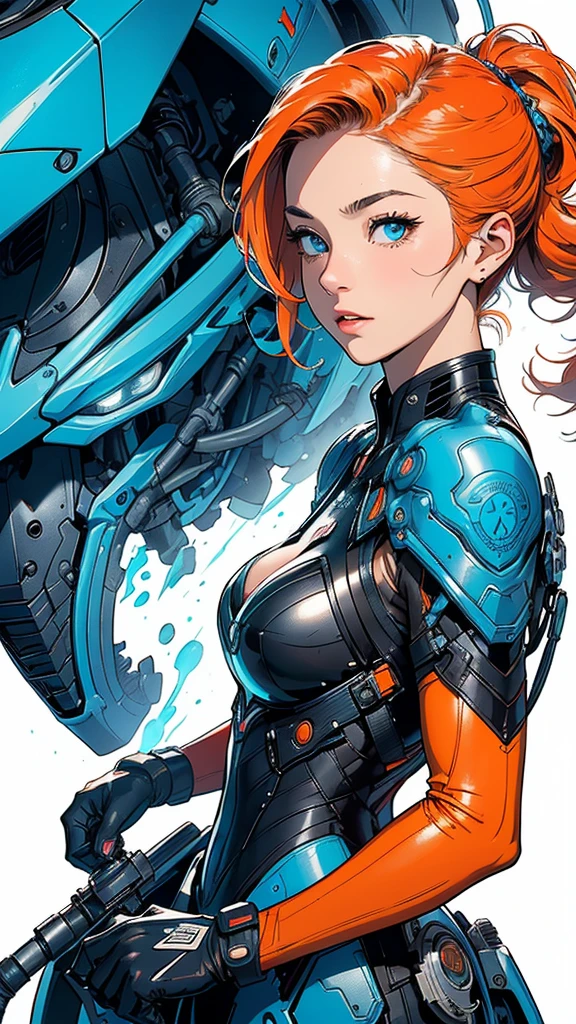((Best quality)), ((masterpiece)), (detailed: 1.4), (((back))), ((Perfect ass)), A cyberpunk warrior 35-year-old muscular woman almost naked in the Simon Bisley style for the cover of Heavy Metal magazine, bare thighs, tiny thong, garter belt, (((super short orange hair))), clean face, Minimum clothing, light blue carbon fiber cyberpunk clothing with small details in dark blue and white, (((blue clothing))), (((short-cut))), (((mature woman))), (((full body)), (((tiny red thong ))), mechasuit