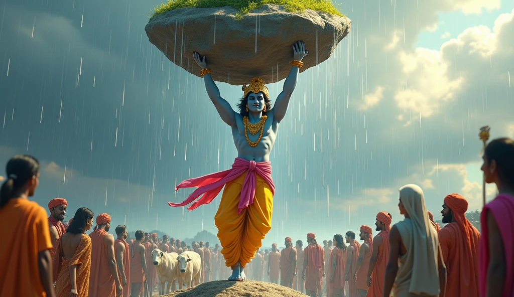 Create cute images of young lord krishna saving Brindavan people from flood by holding Govardhana mountain in his hand for protecting village people and domestic animals under mountain