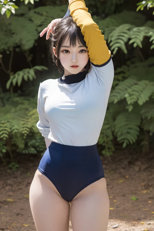 masterpiece, best quality, tailvore, imperfstd, 1girl, nancylee, front focus, Black gymnastics bloomers, High leg、white blouse, standing in night forest