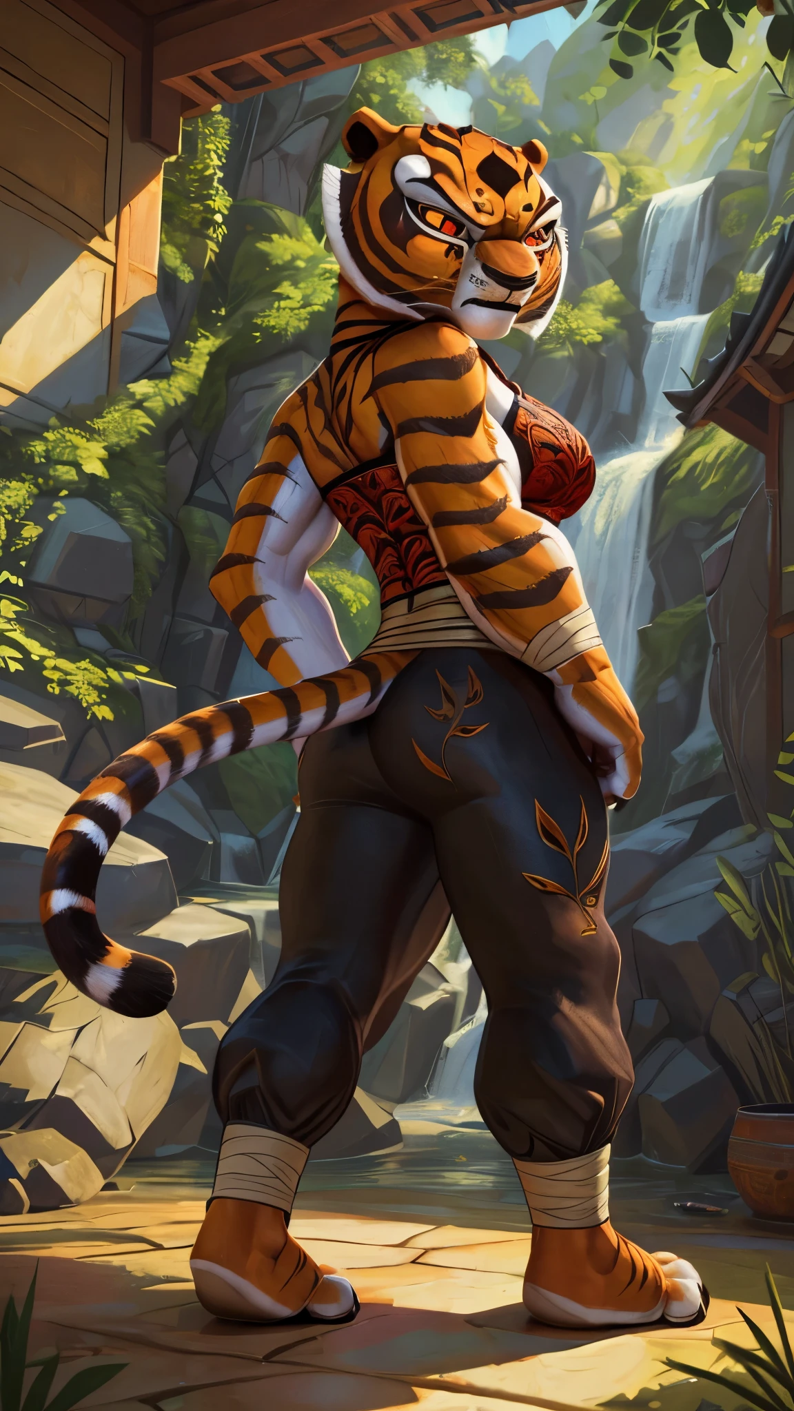 [Master Tigress], [Kung Fu Panda], [By Pixelsketcher], ((masterpiece)), ((HD)), ((high res)), ((solo portrait)), ((full body)), ((back view)), ((low angle view)), ((feet visible)), ((cartoon aesthetic)), ((beautiful rendering)), ((detailed shading)), ((intricate details)), {(athletic figure), (orange and black fur), (tiger stripes), (long tiger tail), (cute red eyes yellow sclera), (defined abs), (detailed muscles), (curvy hips), (beautiful legs), (defined feet), (angry), (annoyed expression)}, {(bandage chest binding), (cleavage), (navel), (red kung fu pants)}, {(standing), (intimidating glare), (looking back at viewer)}, [ambient lighting, waterfall, mountains]