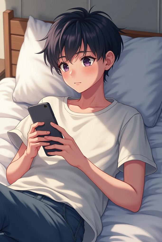 A boy sitting on the bed in his bedroom is playing on the phone  at night