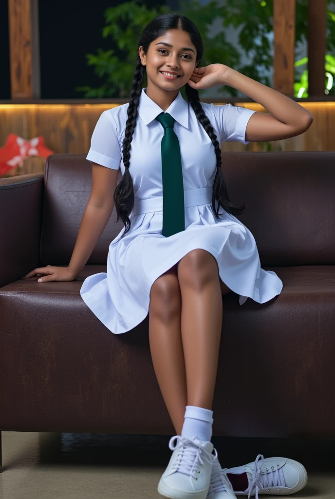 beautiful cute Sri Lankan school girl, in barefoot, Large breast size , 20 years old, wearing a white frock and a dark green tie. She has plaits, black braided long hair, in barefoot, beautiful feet, her removed pair of sneakers and socks kept on the floor near to her, correct anatomy of other body parts,  beaming with happiness as she poses in a night club, brown skin tone, sweaty skin, thighs are  exposed, better pose, full body view, leaning back to sofa, cross leg pose
