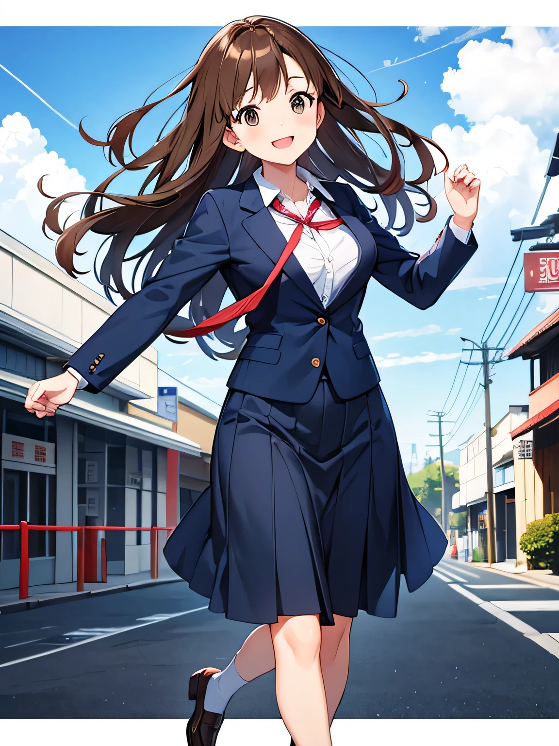 Best picture quality, top quality, 1080p, 8K, masterpiece, first class, (perfectly formed face), front, blue sky and white clouds behind, one girl in suit with one hand up, smiling and celebrating, Kyoto animation style, woman in 20s, full body, brown hair, dark blue suit, girl in dark blue skirt, transparent horizontal with red string around neck Plastic employee ID card, full body, successful, business casual, mouth wide open, big smile