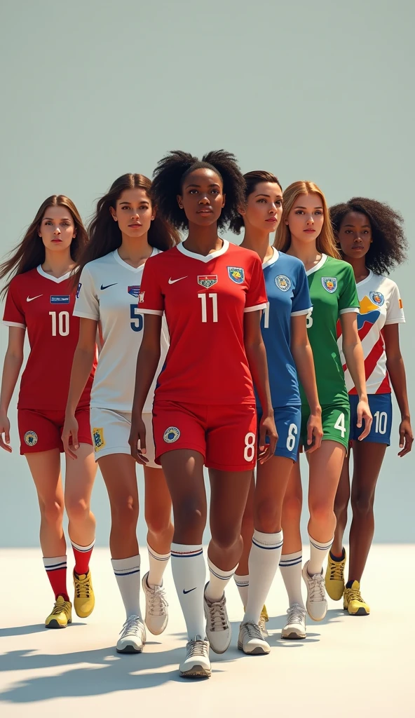  seven beautiful women one after the other wearing a soccer jersey from 7 different countries~, Marching with M
At  