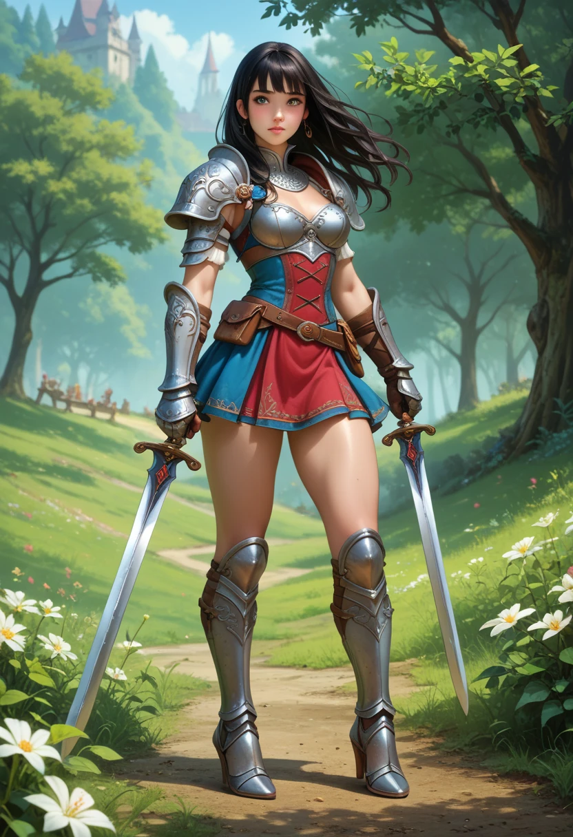 Song Eu-na is a youthful 18 yo female adventurer in a world of medieval high-fantasy story. Her job is warrior. Rocking that luscious long jet-black hair with blunt bangs and deep emerald eyes, she's also sporting a 90-62-100 B-W-H size. Her model long legs with thick thighs are to die for, both literally and figuratively. Her beauty is an epitome of natural, beauty. Her choice of armor are light and a bit revealing, western fantasy-style chest plate, mini skirt, gauntlets, heeled greaves. Sword. High fantasy-like, character for jrpg, masterpiece, best quality,