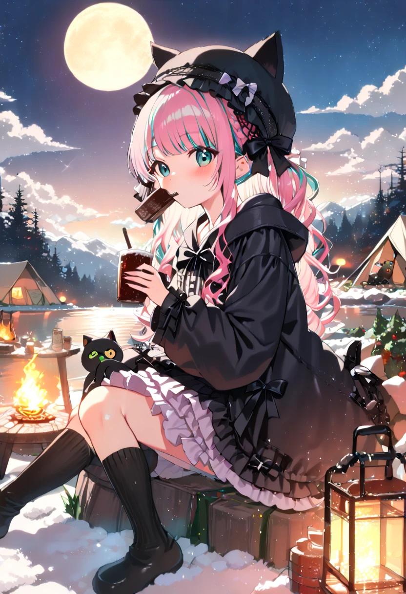 (hatsune miku, 1girl, solo:1.4), (gleaming skin, shiny skin:1.4), (black cat ears winter hat:1.2), (jirai kei, black oversized hoodie:1.2), (jirai kei, winter oversized hoodie:1.4), (jirai kei, black short sleeves ruffle dress, black socks, lolita fashion black bow watson cross:1.4), (pink hair ribbon:1.4), (drinking cocoa:1.4), (winter solo camp, cantera, lakeside:1.4), (midnight, fullmoon:1.4), (under moonlight:1.4), 