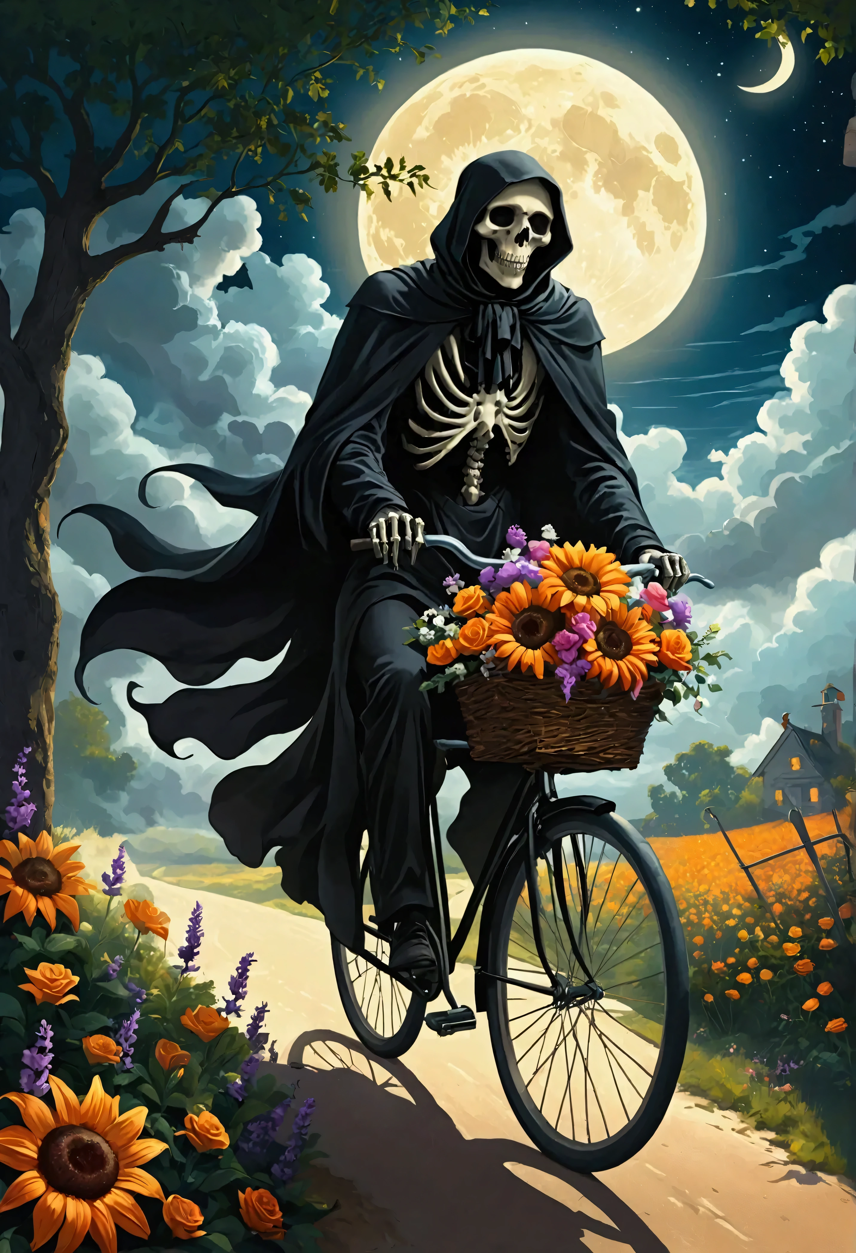 Create a surreal digital painting that shows a captivating figure of death , interpreted as the reaper , riding a bicycle adorned with flowers under the glare of a waxing moon that bears the resemblance of a human face . the scene features elements of fluidity and transformation, reminiscent of surrealistic reinterpretations of reality as seen in the art of late 19th century , before 1912 and not specifically linked to any artist after that year . Dramatic, high-contrast lighting shines on the scene , casting deep shadows that intensify the sense of mystery . the scene, framed in a natural environment , blurs the boundaries between the real and the imagined . Digital painting and luminous airbrushing techniques are used to highlight the spooky yet captivating beauty of this personification of death on its unprecedented journey, 1pzsj1
