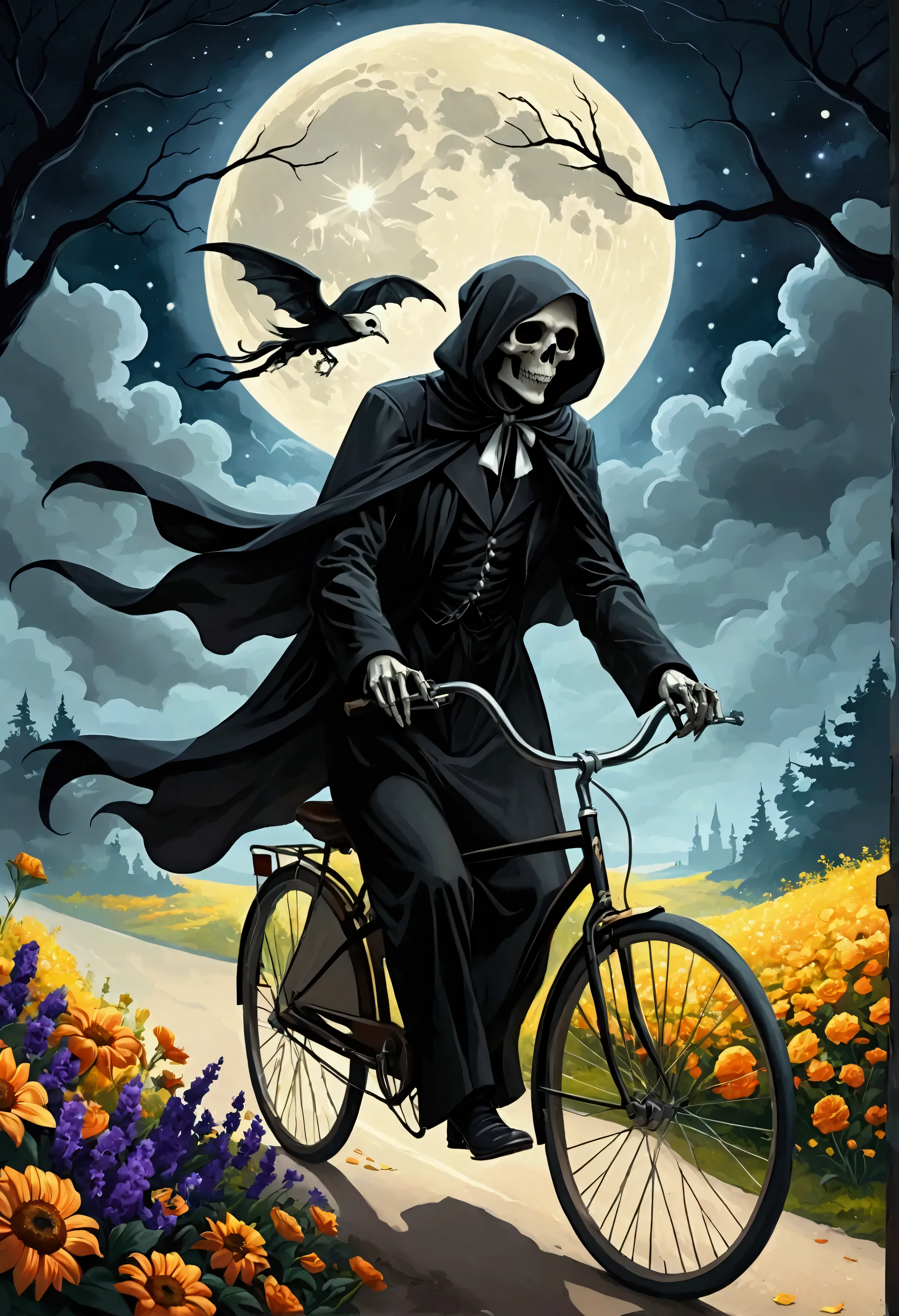 Create a surreal digital painting that shows a captivating figure of death , interpreted as the reaper , riding a bicycle adorned with flowers under the glare of a waxing moon that bears the resemblance of a human face . the scene features elements of fluidity and transformation, reminiscent of surrealistic reinterpretations of reality as seen in the art of late 19th century , before 1912 and not specifically linked to any artist after that year . Dramatic, high-contrast lighting shines on the scene , casting deep shadows that intensify the sense of mystery . the scene, framed in a natural environment , blurs the boundaries between the real and the imagined . Digital painting and luminous airbrushing techniques are used to highlight the spooky yet captivating beauty of this personification of death on its unprecedented journey, 1pzsj1