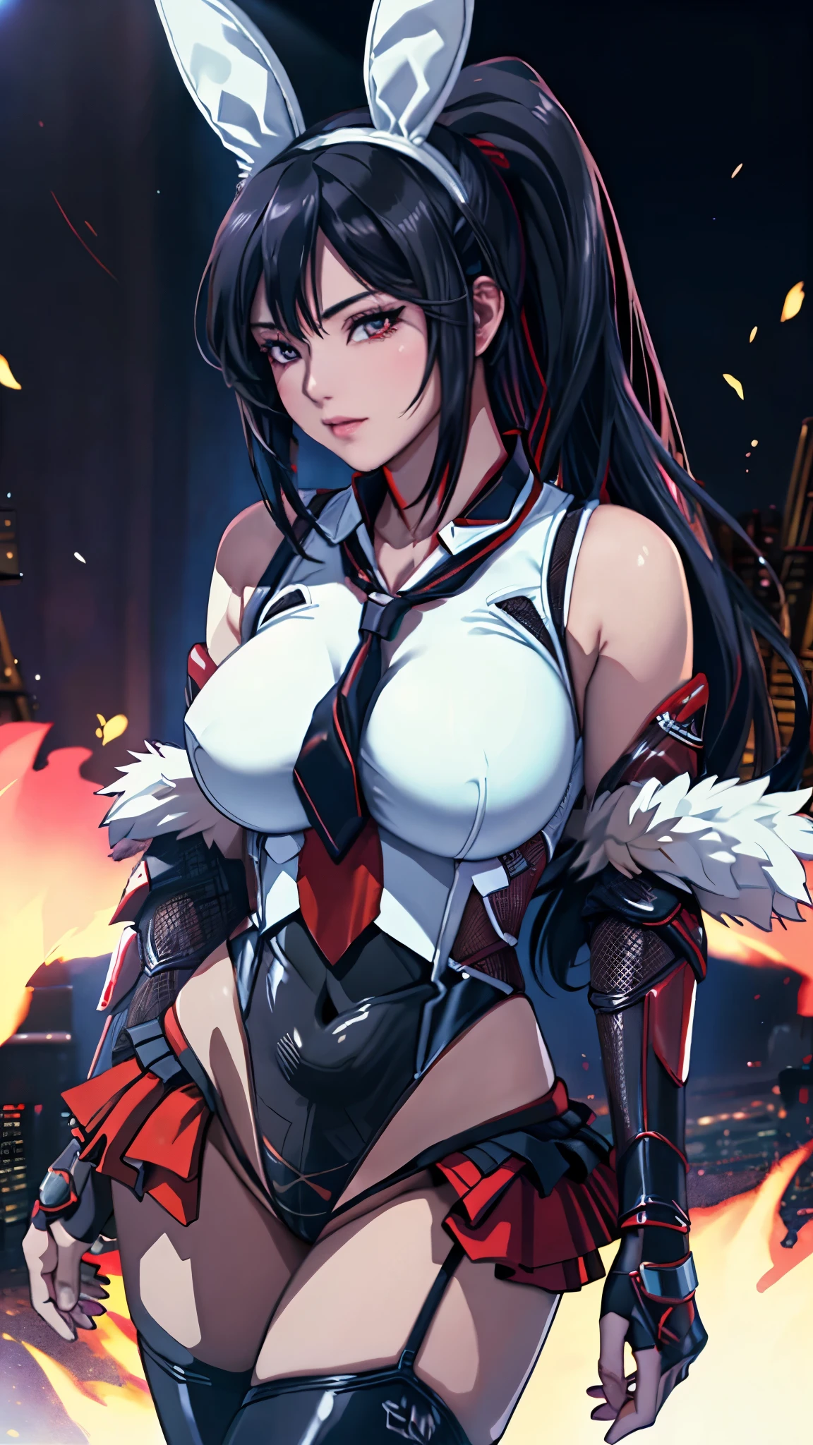 red eyes, ( top quality,   Masterpiece   painting:1.3), Immature woman, , (Half Body Shot),   Masterpiece  ,  super high resolution, ( Photorealistic:1.0),  black hair , ponyTail,   straight hair,  Beautiful Shining Hair , White and glowing skin, ((Ultra realistic deTails)),  octane rendering, highly deTailed face, (Big Breasts:0.8), FULL PILOT SUIT ,  ADJUSTED PILOT SUIT , (naked), clevis,  perfect body,  Мягкая кожа, Anime Face,  perfect face,  perfect eyes,  viewer, Smart, Late at night, Moonlit Night,  Rooftop of a building overlooking the city , Moonlit night sky,  photon mapping ,  radiosity, ((Great night)), ((Outdoor)),  sharp concentration, intricate deTails, Professional artwork, ( bright color:1.1),  bright color, Diffuse lighting,  DIGITAL BLENDING,   ULTRA DEFINITION BODY , ultra deTail hair, super deTailed face,  Pixiv's Popular , Open top button , Cute gaze, Compensate, Perfect Lips, perfect Compensate,  ULTRA PRECISION COATING ,   ( WEAR A WHITE SCHOOL UNIFORM TOP OVER A BLACK PLAYBOY_Bunny Leotard:1.3), (Sailor collar:1.2), ( red tie:1.3), ( fake animal ears ), (Top and bottom divided clothes:1.2), (Short sleeve:1.1), ( black bunny girl costume:0.8), ( stocking net fabric:1.2),  high heels, (rabbit_Tail:1.2),