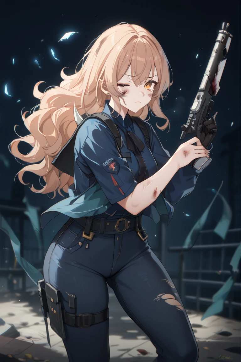  A young woman ,  with light brown hair , amber eyes,  fluffy and wavy hair ,  wears lenses,  wears black military boots ,  dark blue jeans pants ,  dark navy blue shirt .  battle posture , wounds on the body,  torn and damaged clothing , Suffering face ,  an eye closed ,  bloodstains on the body and clothes.