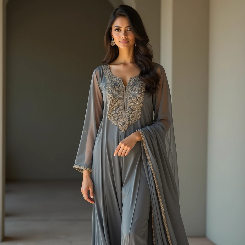 There a woman isma young beautiful Indian woman Wearing salwar kameez and dupatta, face features like Katrina Kaif, Standing looking into the camera, portrait causal photo,... ealism, Realism, Portrait