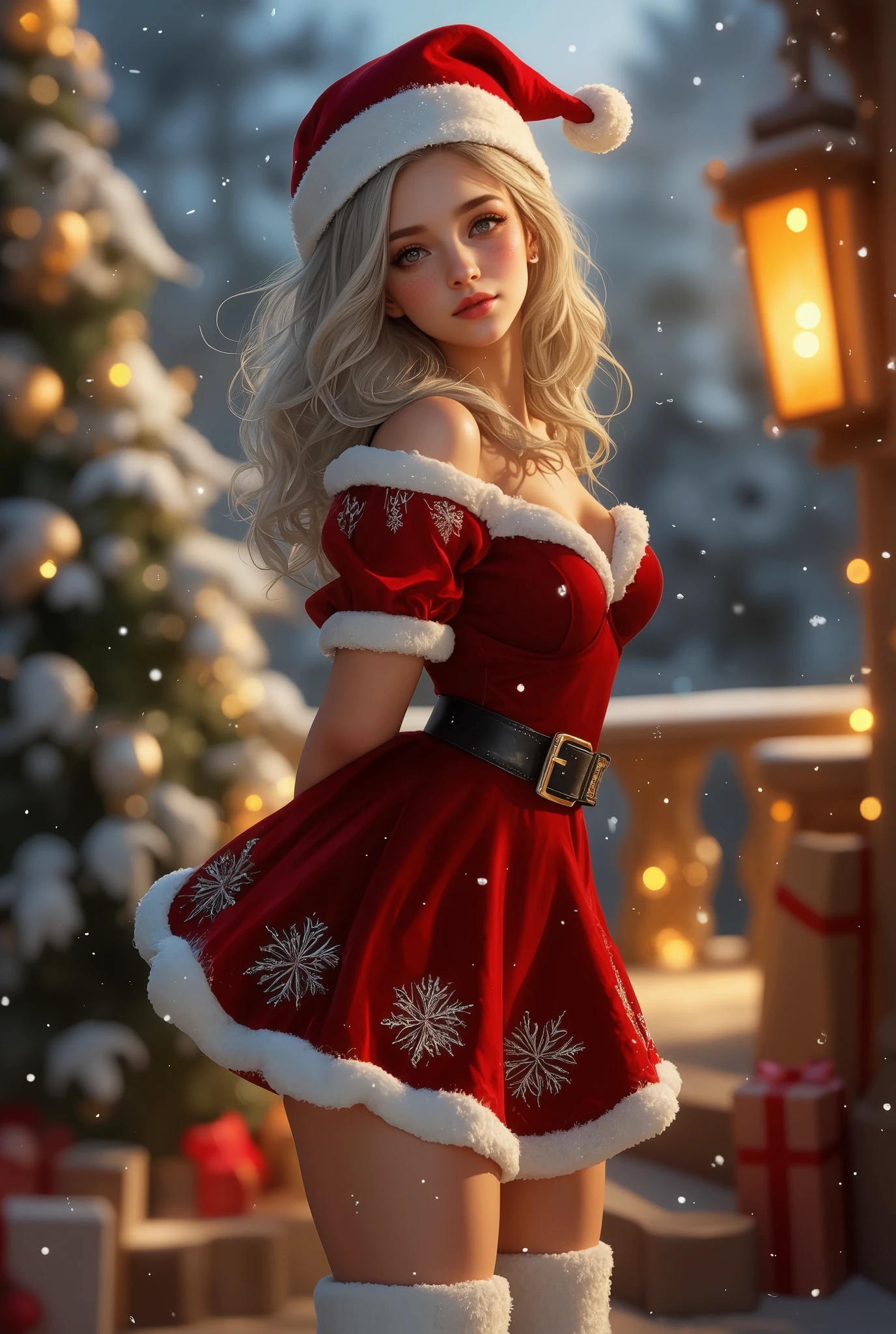 A high-quality digital art wallpaper featuring a beautiful female with stylish blonde hair shimmering with soft highlights, standing gracefully in a festive winter setting. She wears a cute Christmas-inspired outfit: a red velvet dress with a fitted bodice, a sweetheart neckline trimmed with soft white fur, and a flared skirt adorned with delicate silver snowflake embroidery. The outfit is complemented by a black leather belt with an ornate gold buckle, knee-high white fur-lined boots, and a Santa hat with plush white trim and a pom-pom, sitting jauntily on her head. She gazes warmly at the viewer with a charming smile, her expression filled with holiday cheer. The background features a magical winter wonderland with softly falling snow, glowing fairy lights, and a beautifully decorated Christmas tree. Wrapped presents, frosted pine trees, and a subtle golden glow add depth and warmth to the scene, creating a cozy yet enchanting holiday atmosphere. The artwork is ultra-detailed, highlighting the textures of her outfit, her luminous silver hair, and the intricate decorations in the background, making it perfect for a festive Christmas-themed wallpaper.