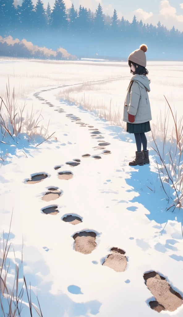  snowy fields 、Footpath、(((Fox footprints 、非常に正確なFox footprints :1.37)))、女の子かFox footprints を眺める、 cute girl、Knitted hat、Mittens、Footprints of girls 