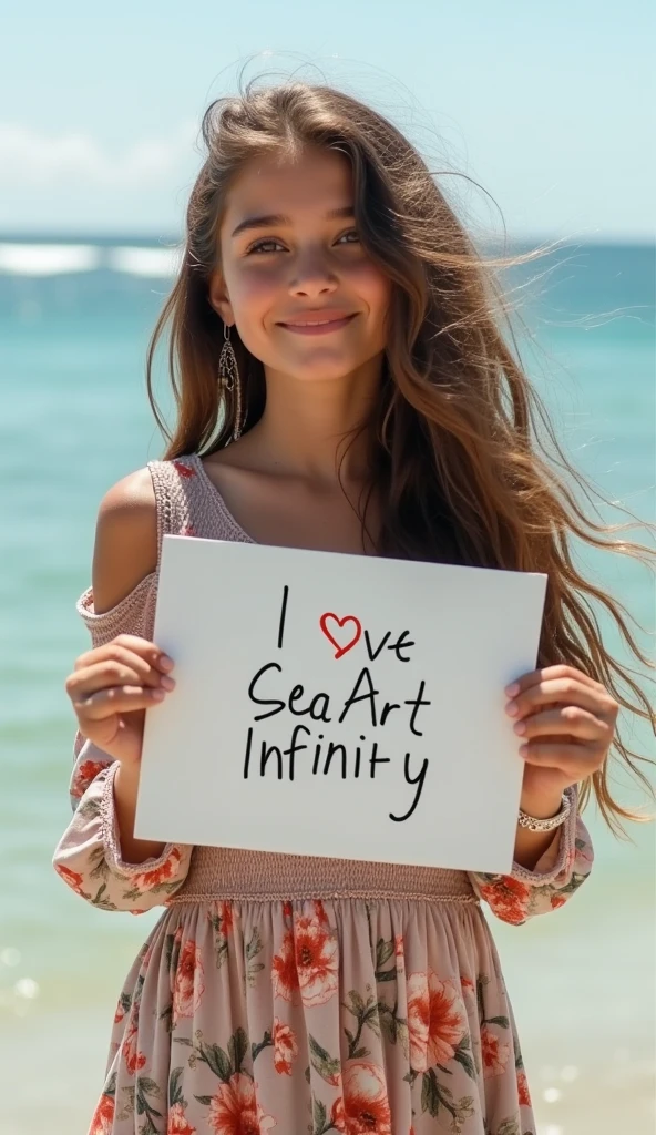 Beautiful girl with wavy long hair, bohemian dress, holding a white board with text "I Love Seaart Infinity" and showing it to the viewer