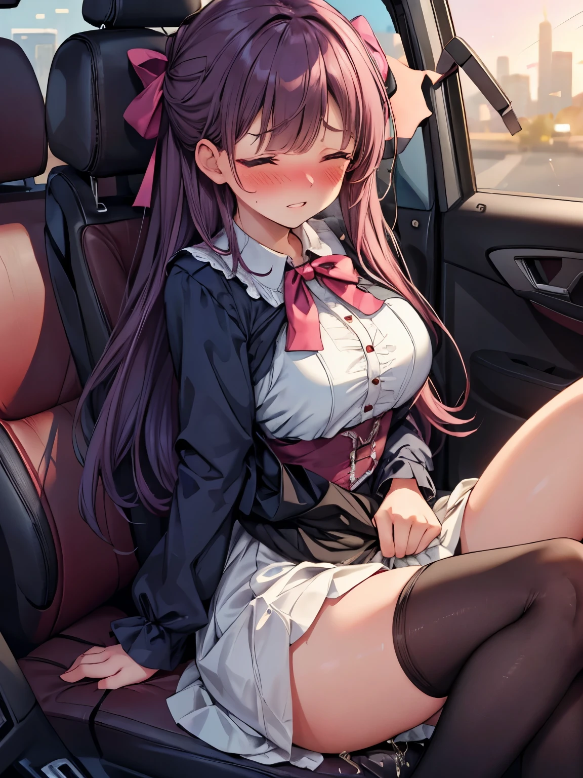 (8K, ultra-detailed, best quality, anatomically perfect body:2), (beautiful breast:1.2), shiny skin, (1 girl), (have to pee), (desperate urge to pee), (very desperate to pee), (her bladder is at its limit:1.5), (in the car, sitting very shallowly:1.6), (She wants to stand up so she lifts her hips from seat:1.2), (fidgeting:1.5), wetting self, (blouse, long skirt:1.6), (pantyhose:1.3), ankle boots, panty pull, (Untidy hair:1.4), (She seize her crotch one hand:1.5), (leaning backward), (close your thighs tightly:1.6), (shrugs:1.7), (orgasm:1.5), (full face blush:1.7), (embarrassment:1.6), (impatience:1.7), (flustered:1.5), panic, (flowing sweat:0.7), (twist whole body:1.4), (panting), breathless, (Humiliation), (Erotic feelings), (closed eyes:0.95), (She is very arousal to hold pee), (tear), (head tilt:1.1), (parted lips:1.1), (SIGMA 105 mm F/2.8, 1/100 sec shutter, award-winning), from side, nsfw,