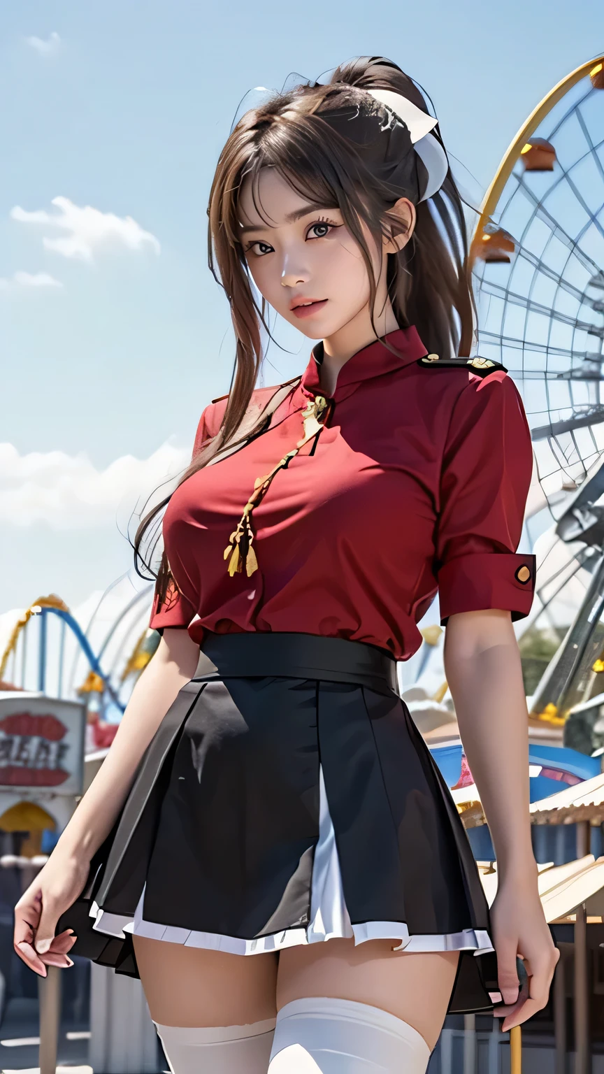 ((( top quality))), (( Masterpiece )), ( Details), ((Alone)), ((((((A girl dressed as Isuzu Chito)))))), ((( slender body:1.4, Big Breasts , Thick Ass, slim, Thin Waist , toned thick thighs, Thin legs))),( pretty nipples with visible buttocks, camel toe ,Camel hoof), (( growing skin , white skin, growing skin )), Mysterious Light, ((( Girl with a well-groomed face ))), (( big eyes)), ((((((Droopy eyes)))))), (((( closes the eye )))), (((( accurate anatomy )))), Completely-valid , eyeshadow, earrings for women alone , Necklaces , (((((aaisuzu, 1girl, ponytail, brown eyes, uniform, red shirt, aiguillette , black skirt, white thighhighs,open chest))))),((( random gravure pose))),(((Amusement park background))),