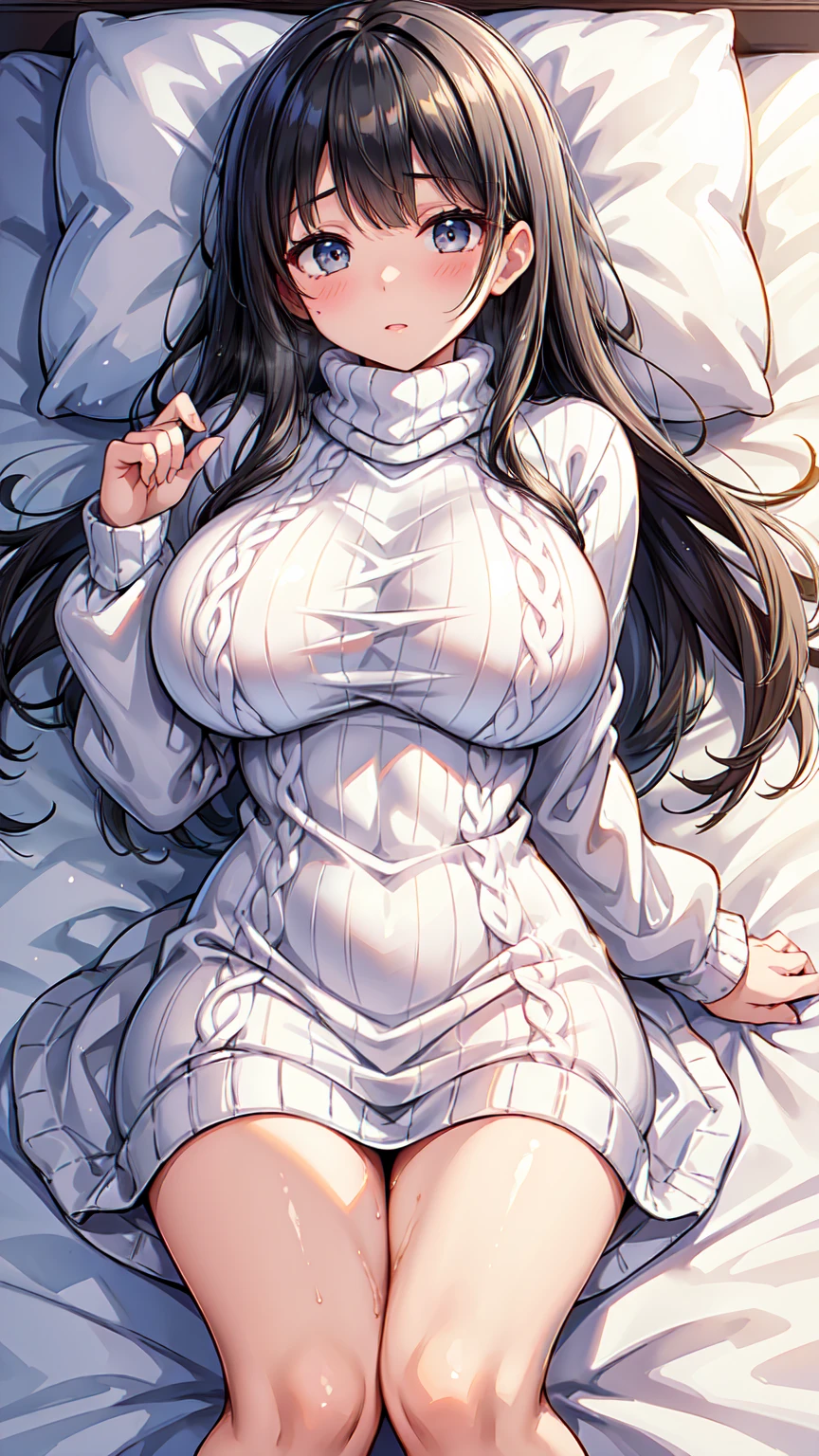 (Sex Slave Big Breasts Beautiful Girl )、 long black hair 、( White Knit Sweater Dress:1.2)、curvy、( lie on the bed)