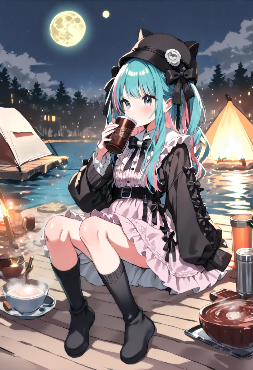 (hatsune miku, 1girl, solo:1.4), (gleaming skin, shiny skin:1.4), (green mixed hair:1.4), (black cat ears winter hat:1.2), (jirai kei, black oversized hoodie:1.2), (jirai kei, winter oversized hoodie:1.4), (jirai kei, black short sleeves ruffle dress, black socks, lolita fashion black bow watson cross:1.4), (pink hair ribbon:1.4), (drinking cocoa:1.4), (winter solo camp, cantera, lakeside:1.4), (midnight, fullmoon:1.4), (under moonlight:1.4), 