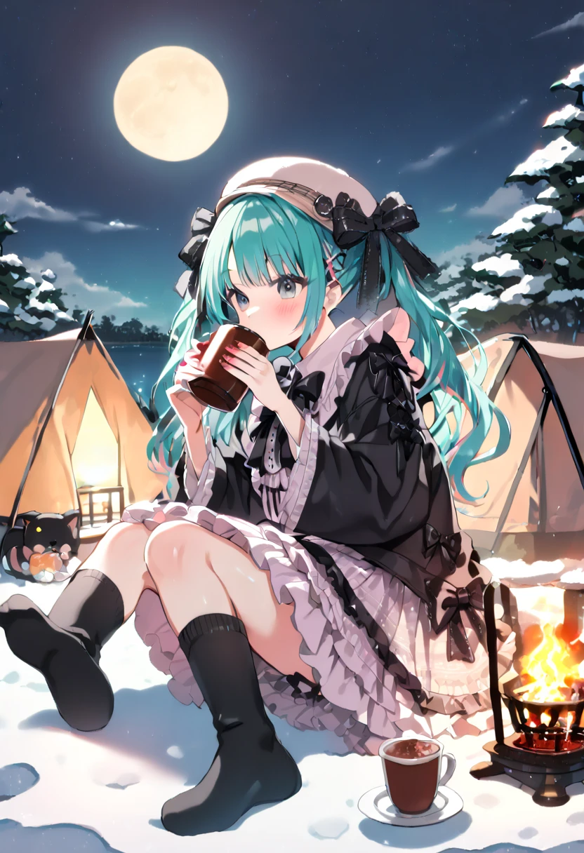 (hatsune miku, 1girl, solo:1.4), (gleaming skin, shiny skin:1.4), (green mixed hair:1.4), (black cat ears winter hat:1.2), (jirai kei, black oversized hoodie:1.2), (jirai kei, winter oversized hoodie:1.4), (jirai kei, black short sleeves ruffle dress, black socks, lolita fashion black bow watson cross:1.4), (pink hair ribbon:1.4), (drinking cocoa:1.4), (winter solo camp, cantera, lakeside:1.4), (midnight, fullmoon:1.4), (under moonlight:1.4), 