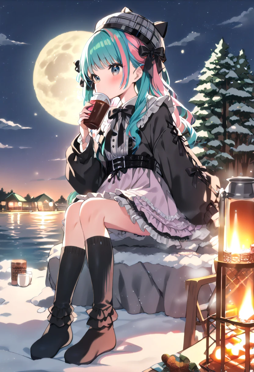 (hatsune miku, 1girl, solo:1.4), (gleaming skin, shiny skin:1.4), (green mixed hair:1.4), (black cat ears winter hat:1.2), (jirai kei, black oversized hoodie:1.2), (jirai kei, winter oversized hoodie:1.4), (jirai kei, black short sleeves ruffle dress, black socks, lolita fashion black bow watson cross:1.4), (pink hair ribbon:1.4), (drinking cocoa:1.4), (winter solo camp, cantera, lakeside:1.4), (midnight, fullmoon:1.4), (under moonlight:1.4), 