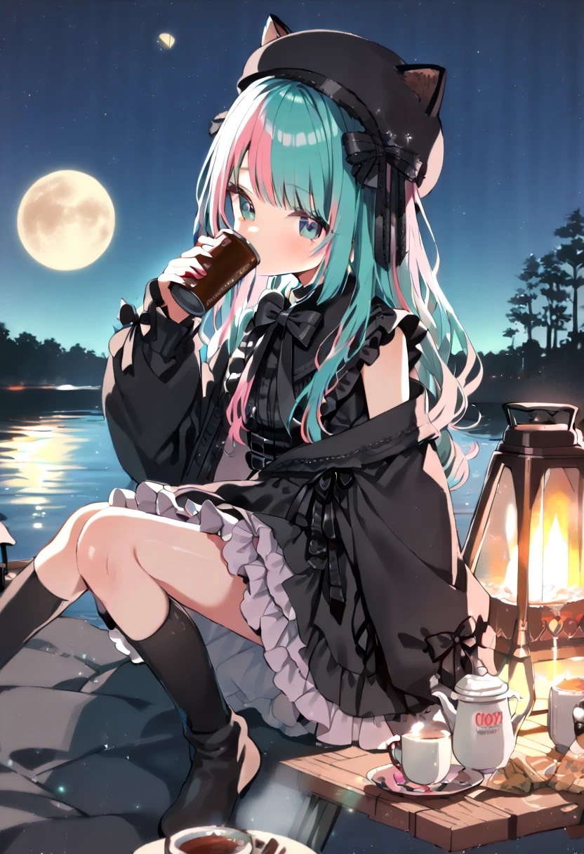 (hatsune miku, 1girl, solo:1.4), (gleaming skin, shiny skin:1.4), (green mixed hair:1.4), (black cat ears winter hat:1.2), (jirai kei, black oversized hoodie:1.2), (jirai kei, winter oversized hoodie:1.4), (jirai kei, black short sleeves ruffle dress, black socks, lolita fashion black bow watson cross:1.4), (pink hair ribbon:1.4), (drinking cocoa:1.4), (winter solo camp, cantera, lakeside:1.4), (midnight, fullmoon:1.4), (under moonlight:1.4), 