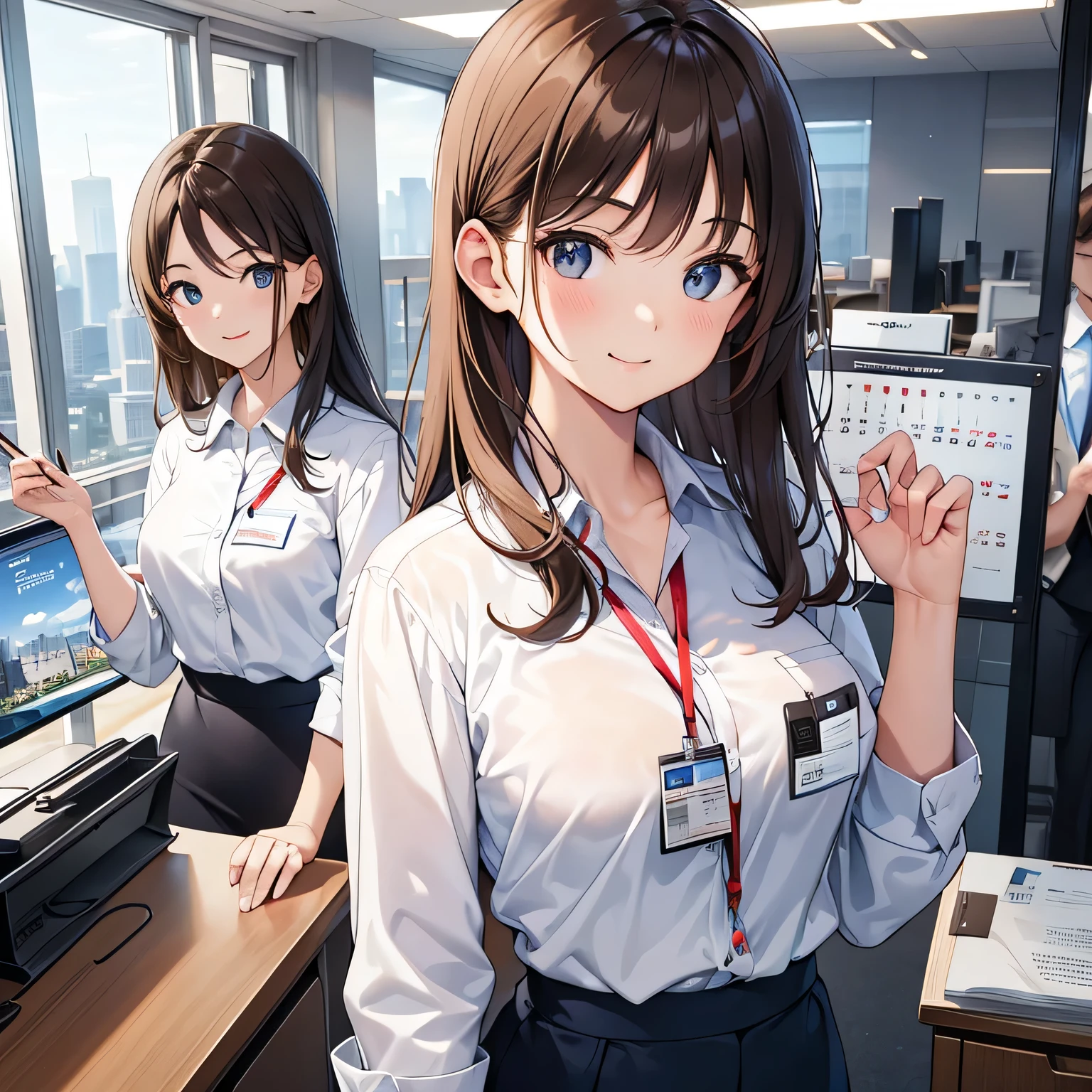 Top quality, best picture quality, 1080p, 8K, masterpiece, first class, (perfect face), frontal, full body, depicting professional people working in an office environment. One is holding a pen and posing strongly. One has right arm raised, palm at shoulder level, man and woman in modern navy blue suits, (red strap around neck), (employee ID card in clear plastic case), brown hair, modern desk with recruitment posters and calendar, city skyline in background, soft natural light illuminating room, high resolution, smiling faces of the recruits, serious expressions and big smiles showing their motivation and desire to develop their careers,
