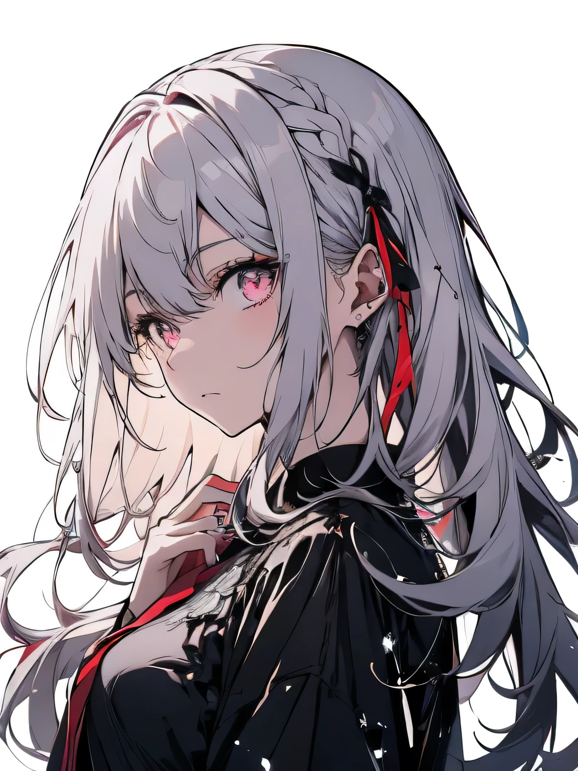 Teen Girl Characters。gray hair color、Glowing red eyes、Long Hair、There is a mole under the left eye。Without background、people物のみを描写してください。Wearing a monkey mask。1people。Upper Body