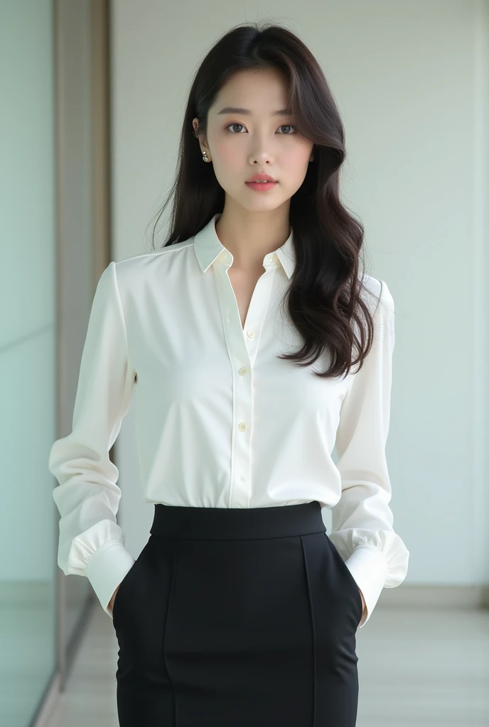 (office blouse, panties: 1.1), ((of the highest quality, 8K, masutepiece: 1.3, Raw photo)), Sharp Focus: 1.2, (1 AESPA Girl :1.1), (Solo: 1.12), (Realistic, Photorealistic: 1.37), (Face Focus: 1.1), Cute face, hyperdetailed face, (Short messy hair, updo :1.1), Small breasts, flat chest, standing, classroom, flower, plum blossoms