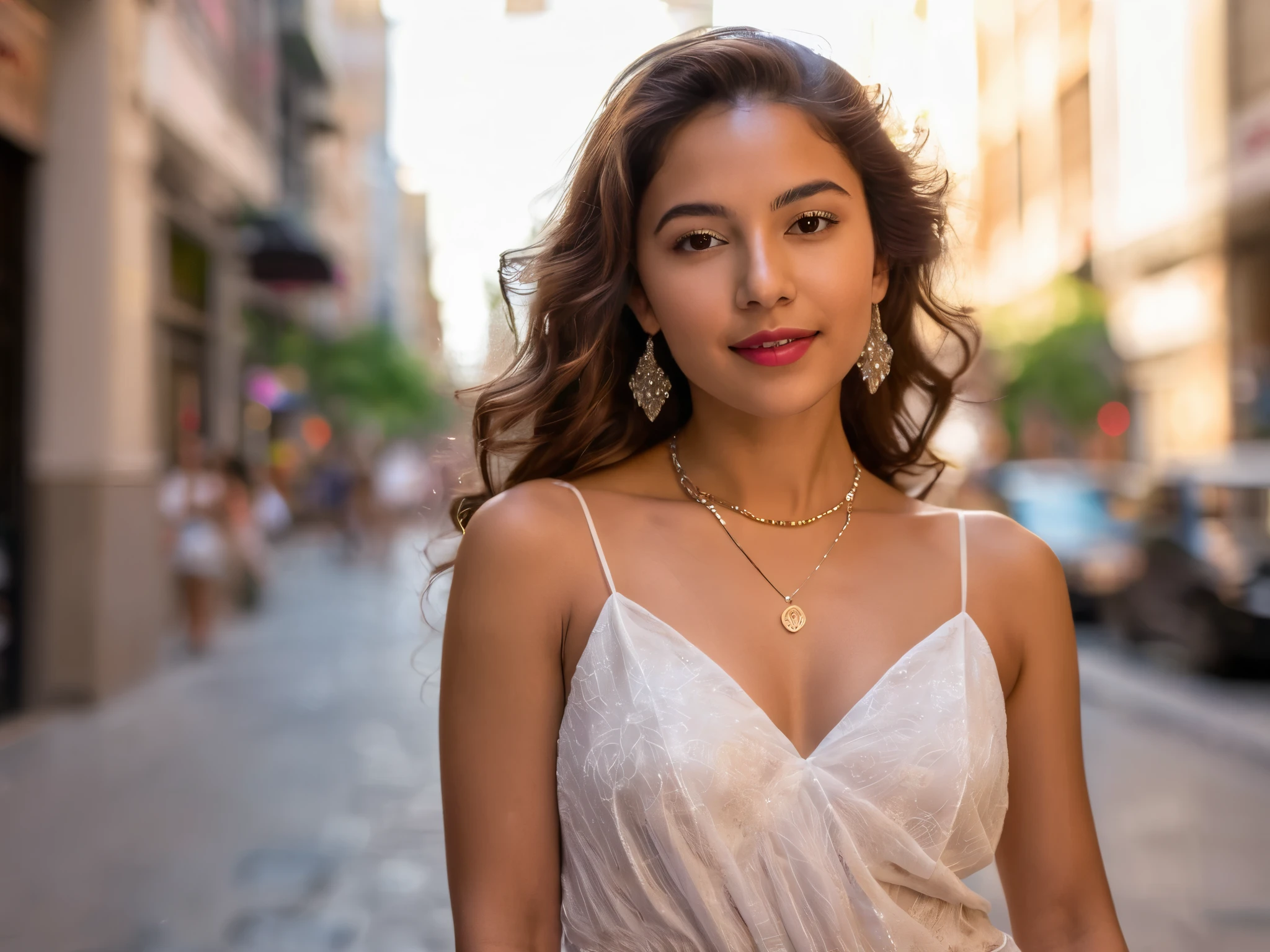 Beautiful latina brunette young lady, light dress, poses confidently in the heart of the bustling city. Her long, wavy chestnut hair cascades down her back, framing her elegant features. Expressive brown eyes gazing directly at the viewer. Her bare shoulders glisten in the sunlight, adorned with a delicate necklace that highlights the curve of her neck. Her rosy lips are parted slightly, revealing a hint of a playful smile.