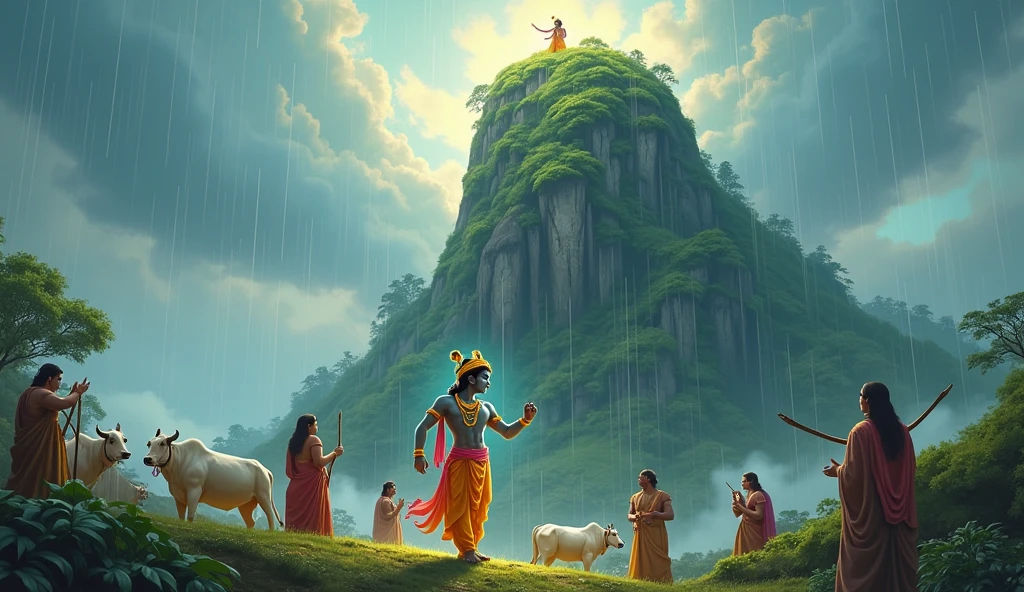 Sri Krishna lifting govardhana hill and saving yadavas and cows with vadakalai namam