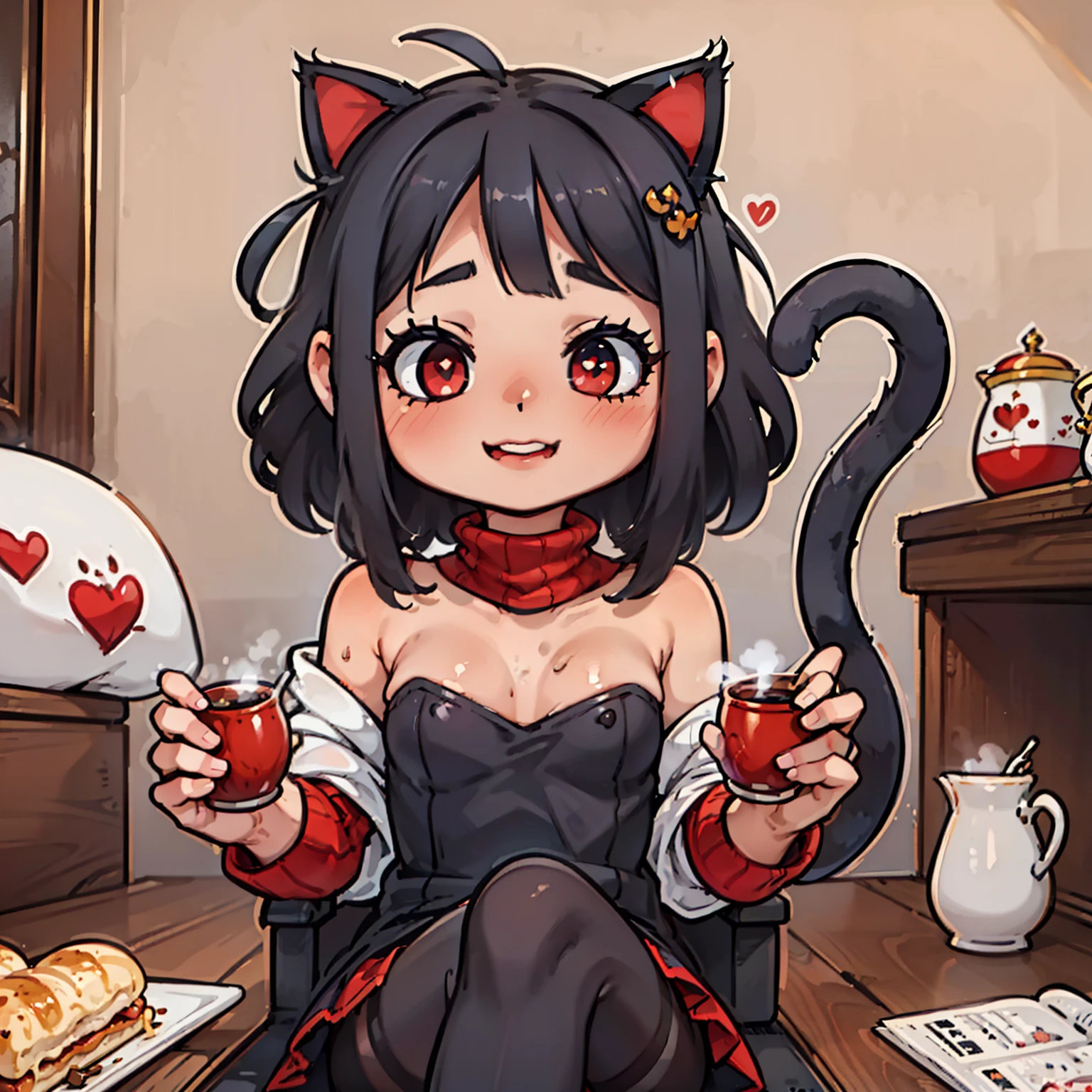  masterpiece , ( a girl)  better quality , Way (lucky winner), (  demon tail ), (junkotvv)  red ribbed sweater ,high neck, black flick,  black jacket , Ojos rojos, ((( black hair , cat ears))), medium hair,  straight bangs , trumpets, cups, ( heart-shaped pupils), pantyhose,  black stockings to mid-calf .  sitting on a throne ,  dressed as queen and crowned as Queen of Hell