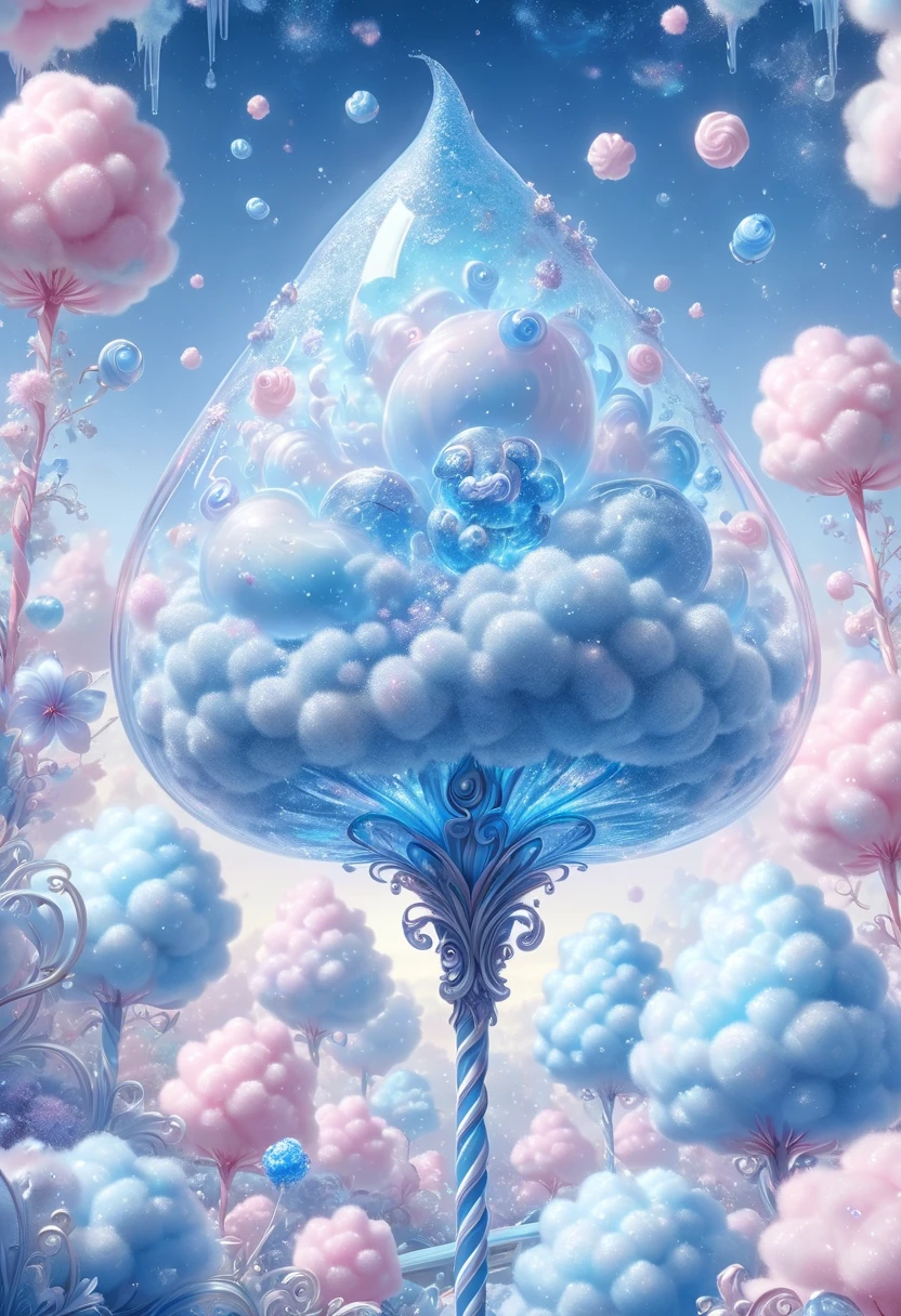 Cotton Candy, blue glitter bomb macro photo ,  sparkling magic fantasy cotton candy flowers are made of clear and delicate glass, Dew Drops,  very detailed,  great quality,  complicated, Cinematic Light, High definition, beautiful,