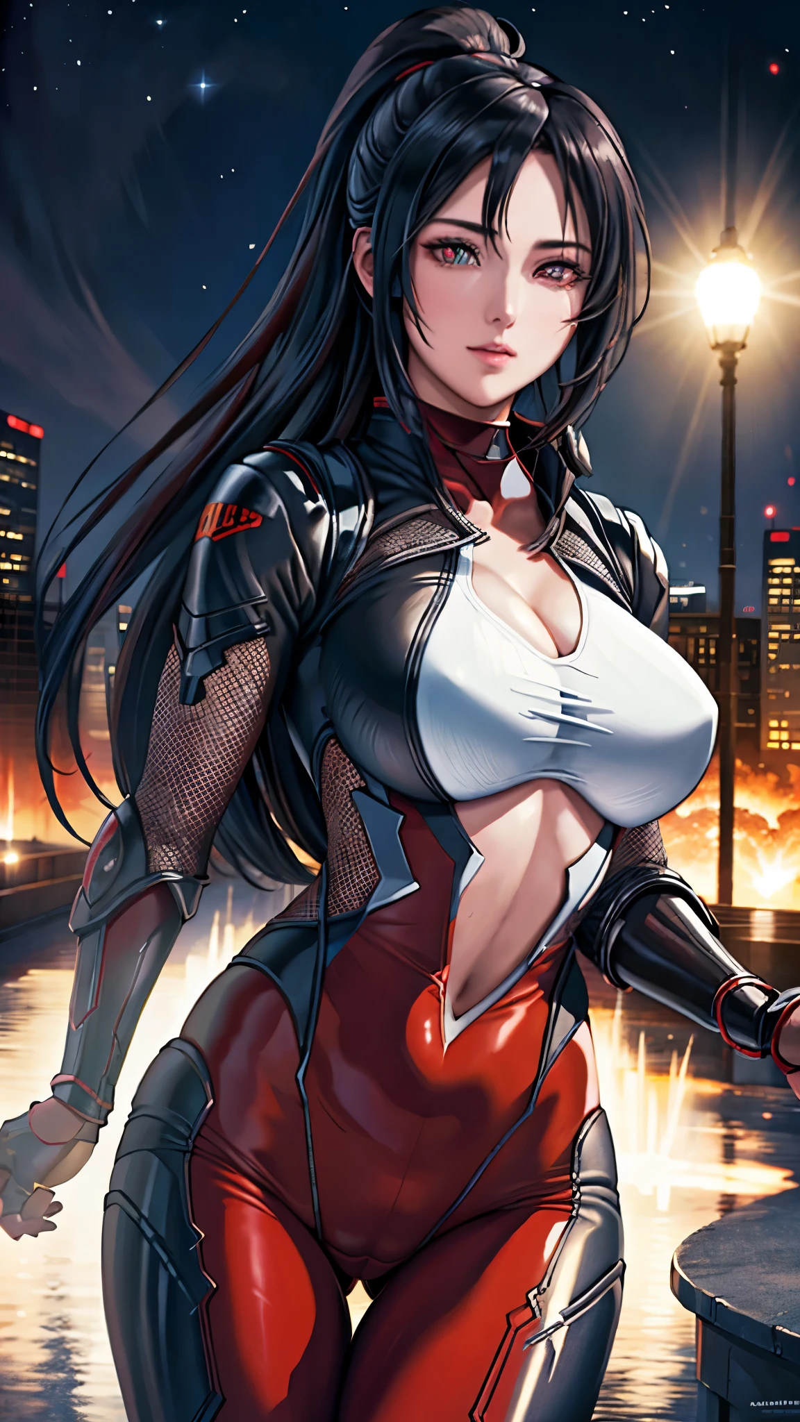 red eyes, ( top quality,   Masterpiece   painting:1.3), Immature woman, , (Half Body Shot),   Masterpiece  ,  super high resolution, ( Photorealistic:1.0),  black hair , ponyTail,   straight hair,  Beautiful Shining Hair , White and glowing skin, ((Ultra realistic deTails)),  octane rendering, highly deTailed face, (Big Breasts:0.8), FULL PILOT SUIT ,  ADJUSTED PILOT SUIT , clevis,  perfect body,  Мягкая кожа, Anime Face,  perfect face,  perfect eyes,  viewer, Smart, Late at night, Moonlit Night,  Rooftop of a building overlooking the city , Moonlit night sky,  photon mapping ,  radiosity, ((Great night)), ((Outdoor)),  sharp concentration, intricate deTails, Professional artwork, ( bright color:1.1),  bright color, Diffuse lighting,  DIGITAL BLENDING,   ULTRA DEFINITION BODY , ultra deTail hair, super deTailed face,  Pixiv's Popular , Open top button , Cute gaze, Compensate, Perfect Lips, perfect Compensate, 