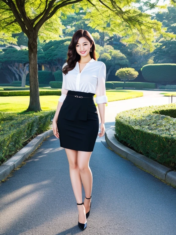  hyperrealistic 8K,  ultra-high definition and realistic depiction , I'm wearing , fashion photography, (Full body leg shot ), A Japanese woman is standing, Vintage and beautiful Japanese female models,  full-body image of a Japanese woman in an empty park , Hands behind the body,  I'm wearing a strict black business suit , Black short tight skirt ,  black ankle strap pumps, Seductive figure ,  , Delicate makeup,  beautiful face, Smiling, The eyes of the audience , My eyes are very well-balanced ,  very detailed eyes,  Thin Waist,  thin thighs 