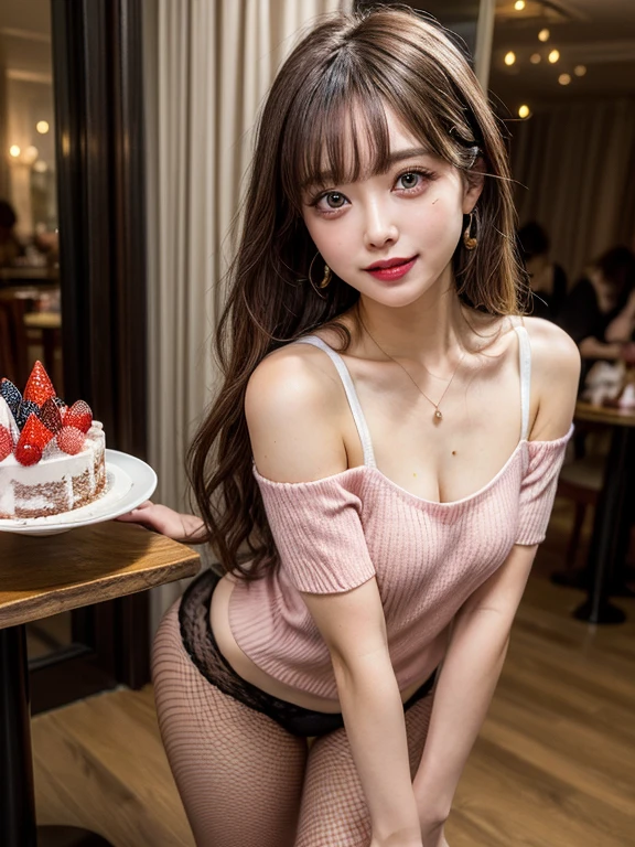 Woman sitting on sofa，A small white Pomeranian crawled on her leg, Opposite the birthday cake, Make a wish for a birthday cake, Celebrate her birthday, she is about 1 6 , White skin, Delicate facial features