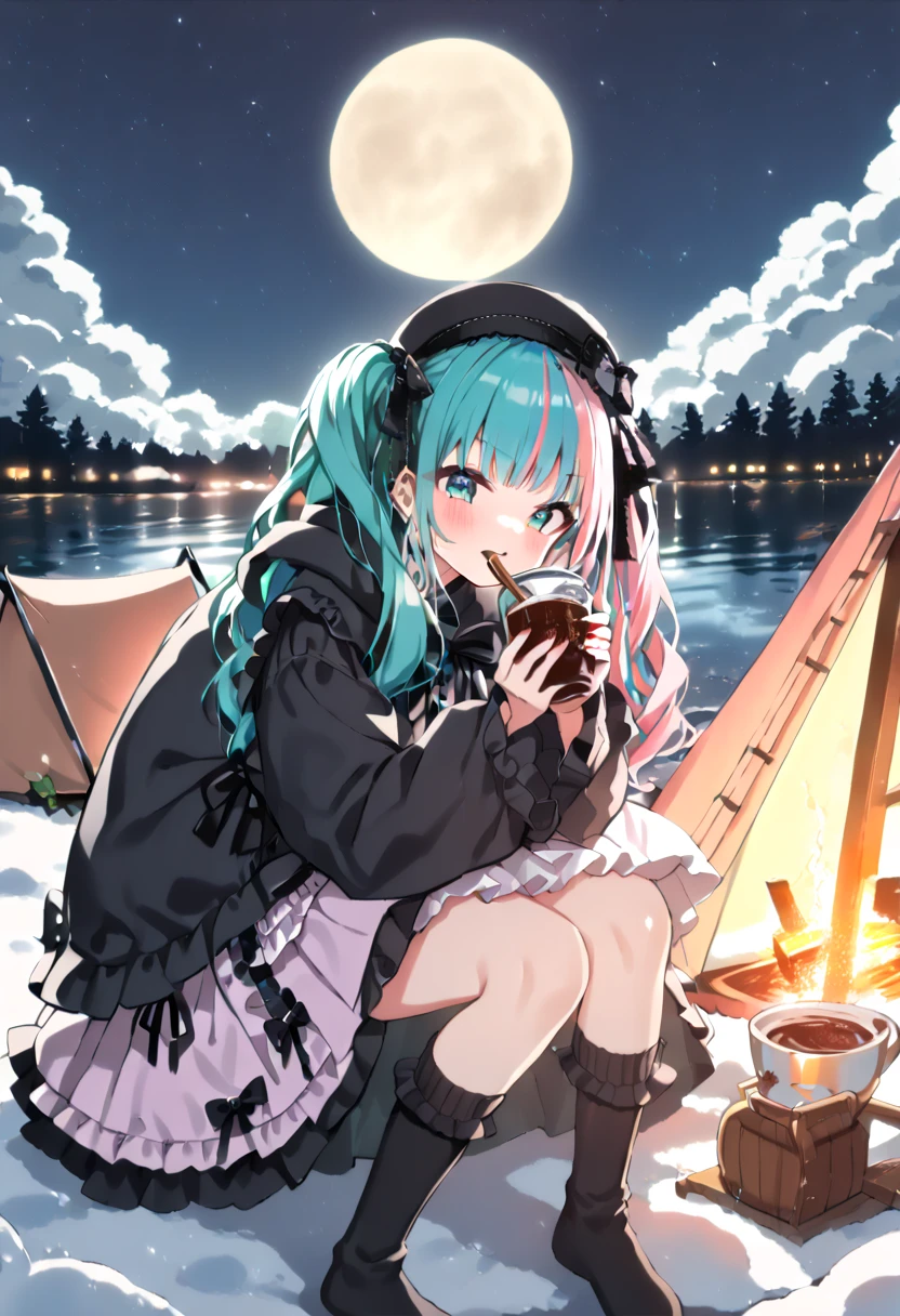 (hatsune miku, 1girl, solo:1.4), (gleaming skin, shiny skin:1.4), (green mixed hair:1.4), (black cat ears winter hat:1.2), (jirai kei, black oversized hoodie:1.2), (jirai kei, winter oversized hoodie:1.4), (jirai kei, black short sleeves ruffle dress, black socks, lolita fashion black bow watson cross:1.4), (pink hair ribbon:1.4), (drinking cocoa:1.4), (winter solo camp, cantera, lakeside:1.4), (midnight, fullmoon:1.4), (under moonlight:1.4), 