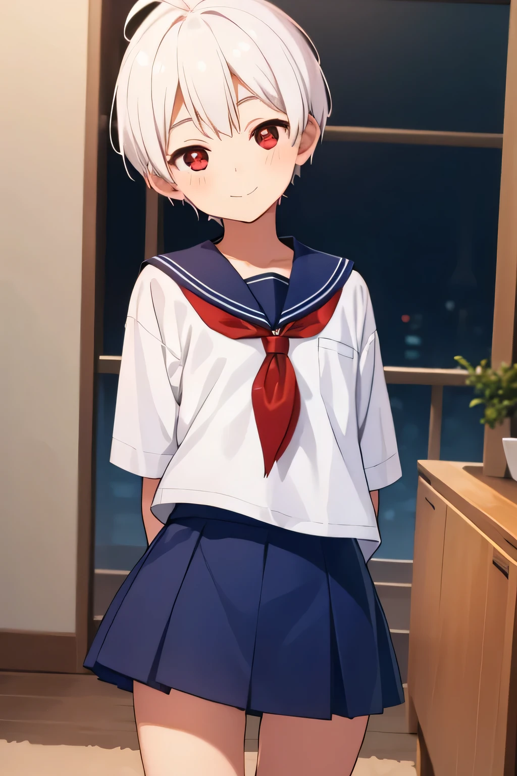 (( one boy)),Ahoge, ((White short hair))  red eyes,  Living Room , sailor suit , dark blue mini skirt ,Hands behind back, ((smile)) zitales,,Looking up,Blushing cheeks,
 staring at viewers standing on their feet ,  top quality,  high definition ,  Unity 8K Wallpaper,  Complete