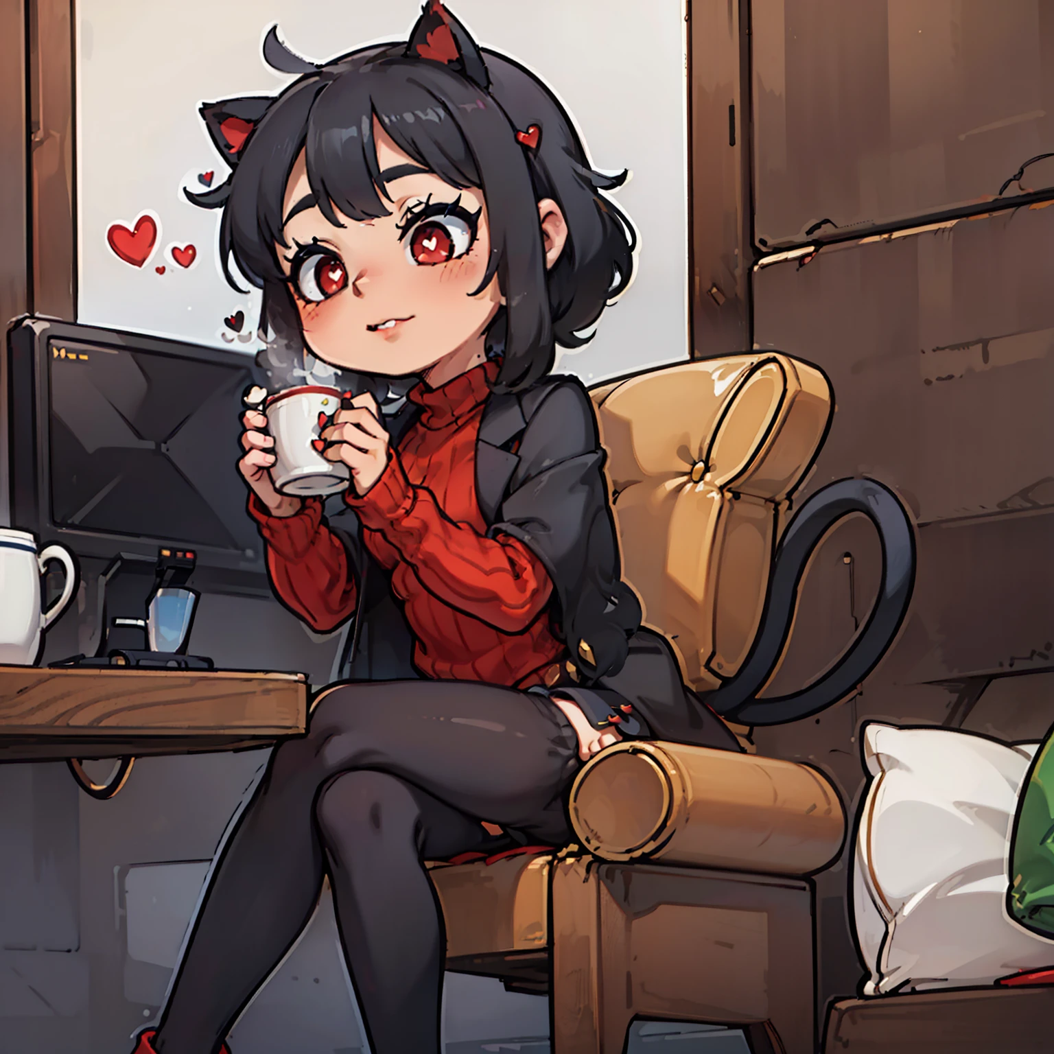  masterpiece , ( a girl)  better quality , Way (lucky winner), (  demon tail ), (junkotvv)  red ribbed sweater ,high neck, black flick,  black jacket , Ojos rojos, cat ears ((( black hair))), medium hair,  straight bangs , trumpets, cups, ( heart-shaped pupils), pantyhose,  black stockings to mid-calf .  sitting on a throne ,  dressed as queen and crowned as Queen of Hell