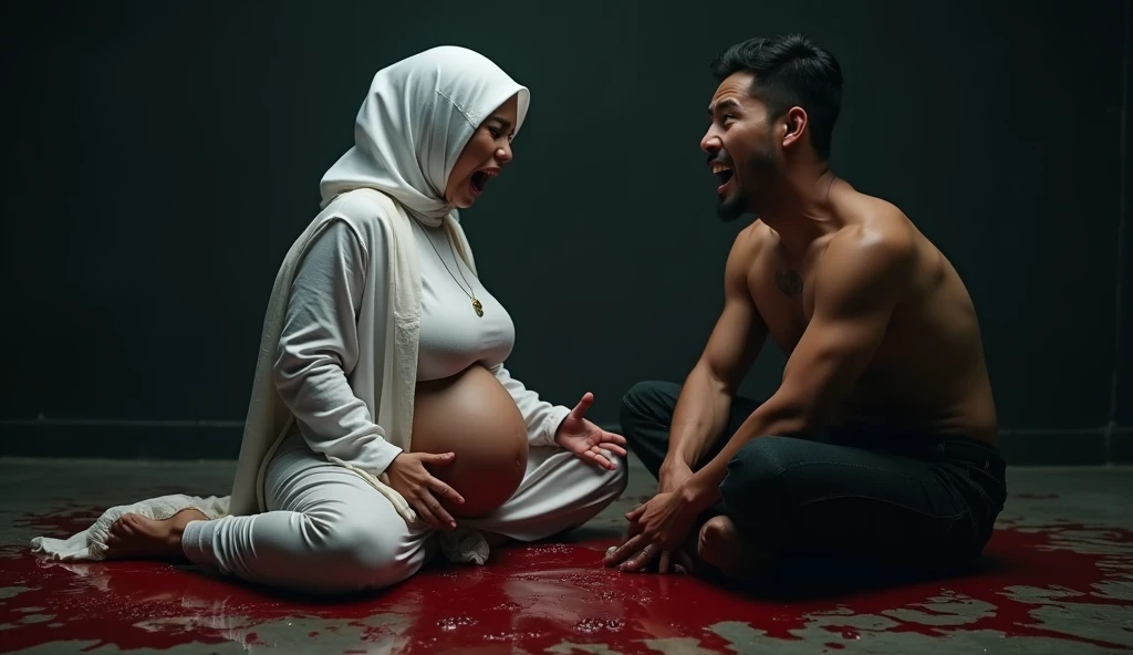 Young muscular Hindu pandit, giving kiss to pregnant muslim big ass women has tattoo on her stomach of om wearing hijab,together doing bath in bathtub 