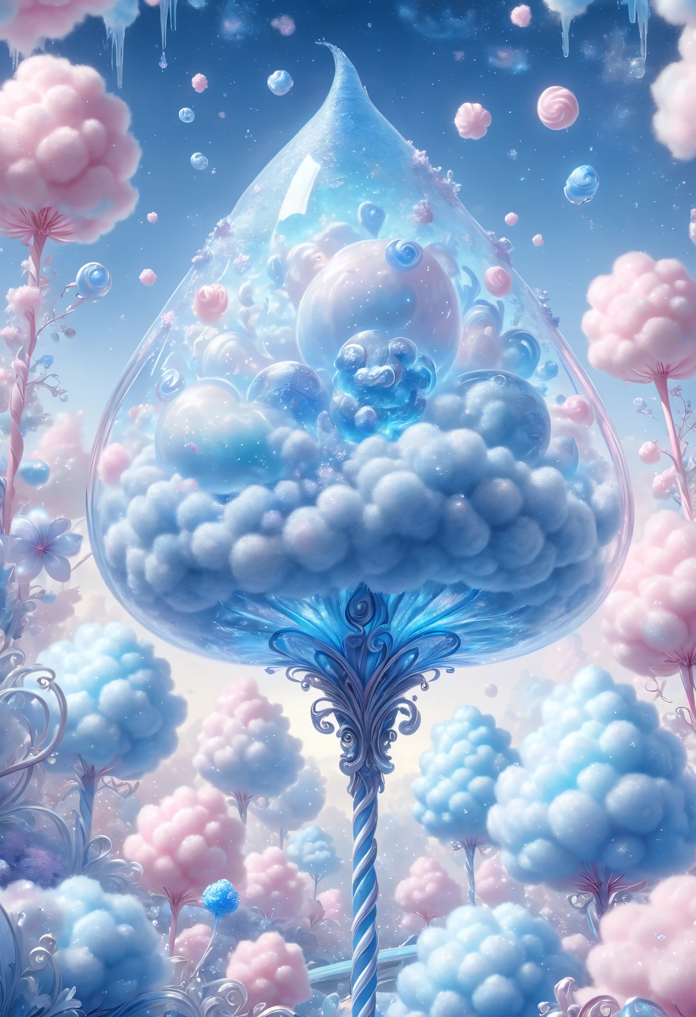 Cotton Candy, blue glitter bomb macro photo ,  sparkling magic fantasy cotton candy flowers are made of clear and delicate glass, Dew Drops,  very detailed,  great quality,  complicated, Cinematic Light, High definition, beautiful,