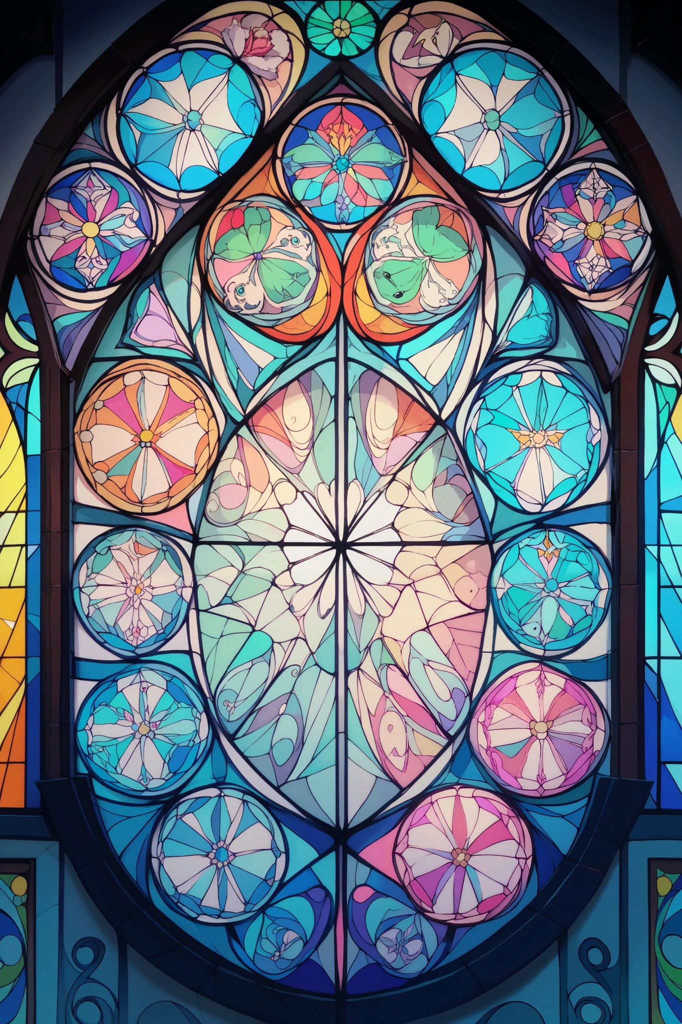 2D Stained Glass Soft , pastel color , Whale in a Window Frame . Dungeons& Dragon's Art . symmetrical design , Cute Frog . Digital Stained Glass Style. pastel color スキーム