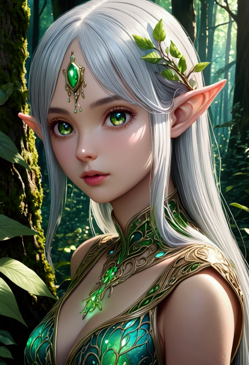 (Realistic:1.4), full photo of elf woman in the elven ancient castle, pale lank disheveled hair, delicate features of a thin face, cute sexy, pleasure, perfect body, talking with her own shadow, Fantasy style,  8K, proffesional photography, Hi-Def, lifelike skin, detailed thin face without cosmetics, beautiful detailed green eyes, background of the Middle Ages, The sun shines its rays playing with shadows, bokeh